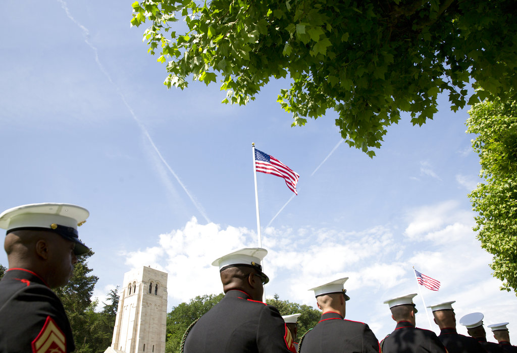A U.S. Marine Corps detail marches during a Memorial Day commemoration at the Aisne-Marne American Cemetery in Belleau, France, Sunday, May 27, 2018. (Virginia Mayo/AP)