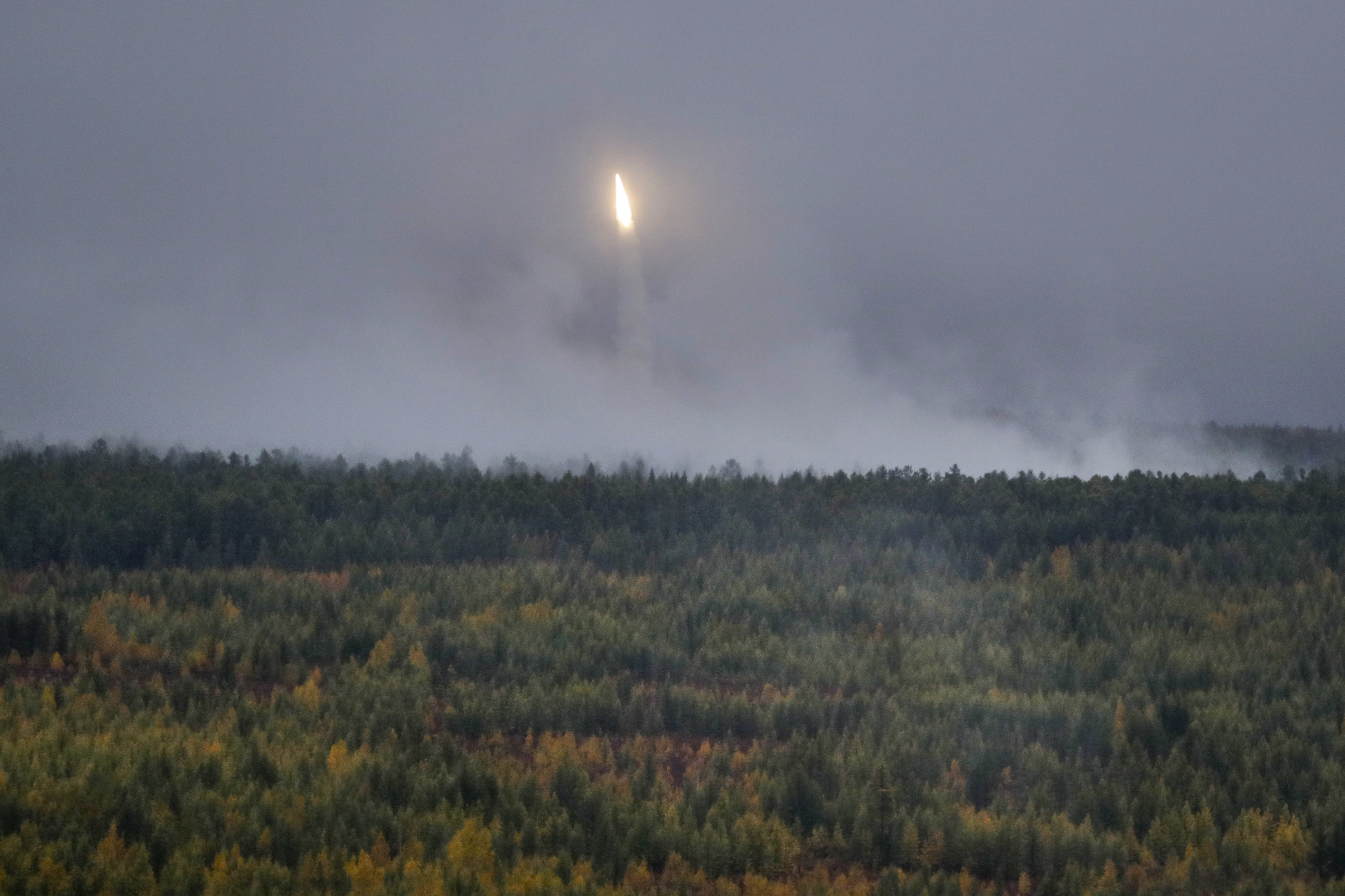 An air defense missile system is set off during a military exercises on training ground 