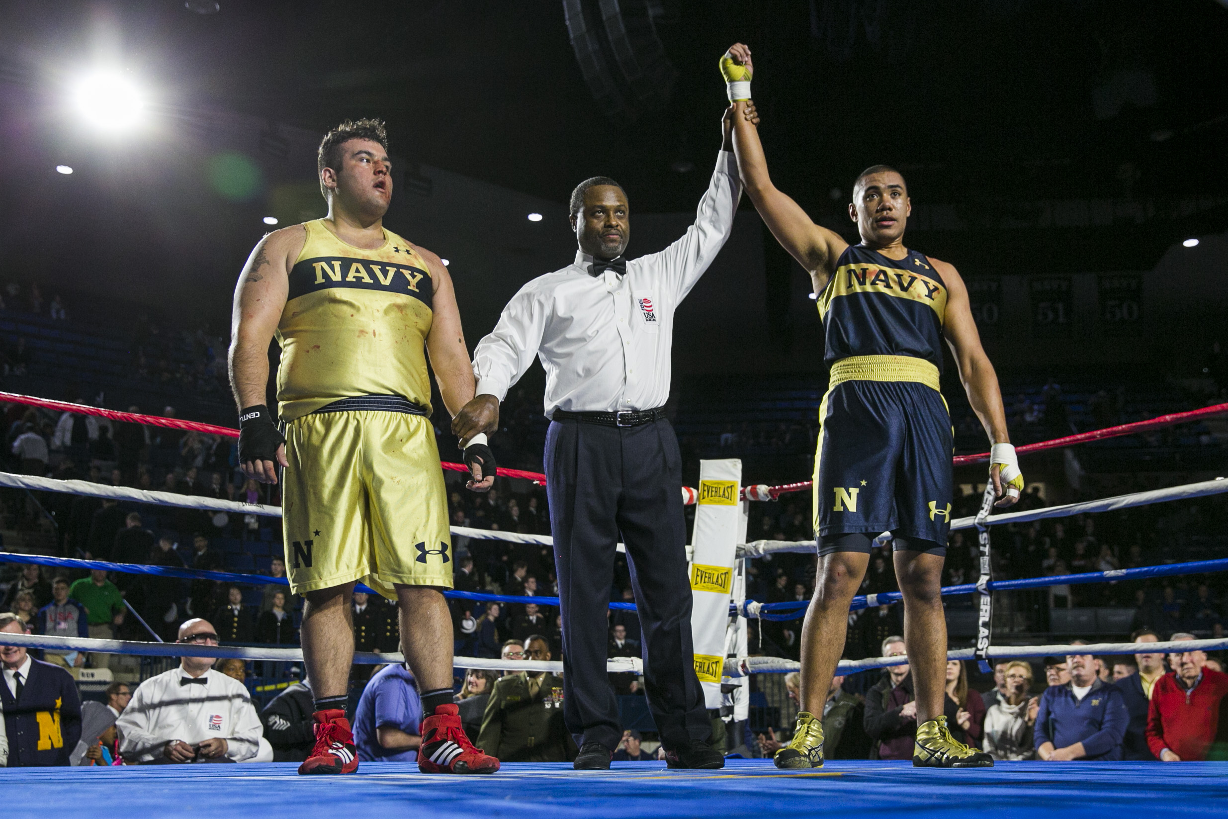 Charles Patterson, right, from Honolulu, HI defeats Joey Resendez, left, from El Paso, TX, in the Heavyweight fight during the United States Naval Academy's 77th Brigade Boxing Championships held on Feb. 23, 2018. (Alan Lessig/Staff)