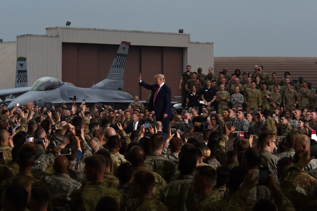 President Donald Trump addresses service members and their families during an event at Osan Air Base, South Korea, June 30, 2019. (Staff Sgt. Sergio A. Gamboa/Air Force)