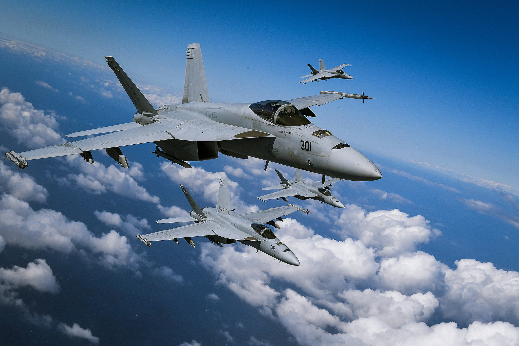 F/A-18E Super Hornets based at Naval Air Station Lemoore fly in formation during a photo exercise over California on March 12, 2019. (Chief Mass Communication Specialist Shannon Renfroe/Navy)