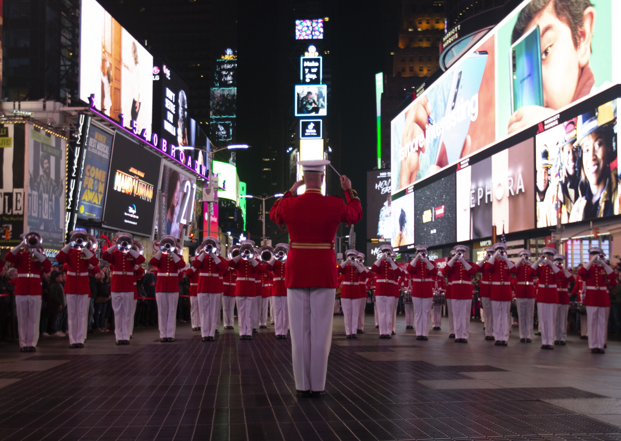 The Marine Corps Drum and Bugle Corps performs in Times Square in New York to celebrate the Marine Corps' 244th birthday on Nov. 10, 2019, ahead of Veterans Day. (Cpl. Marvin D. Chavez/Marine Corps)