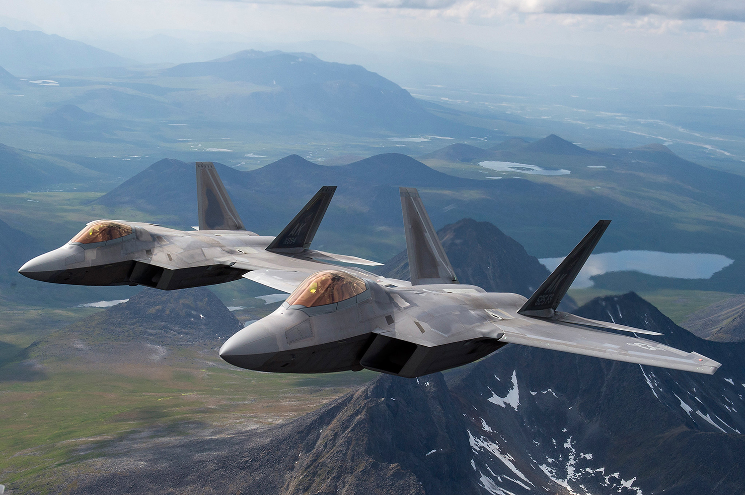 Air Force F-22 Raptors from Joint Base Elmendorf-Richardson fly in formation over the Joint Pacific Alaska Range Complex, July 18, 2019. (Staff Sgt. James Richardson/Air Force)