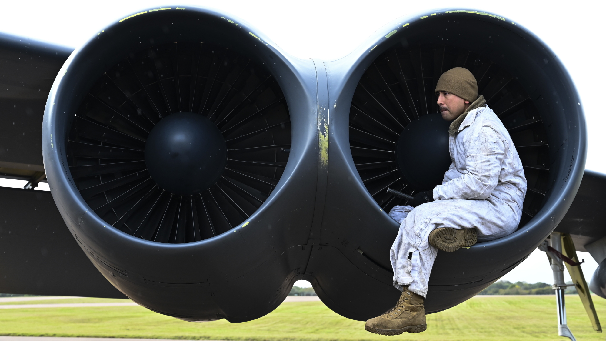 Staff Sgt. Stephen Zbinovec, 2nd Aircraft Maintenance Squadron, 96th Aircraft Maintenance Unit crew chief, inspects the engine of a U.S. Air Force B-52H Stratofortress at RAF Fairford, United Kingdom, Oct. 18, 2019. (Senior Airman Stuart Bright/Air Force)