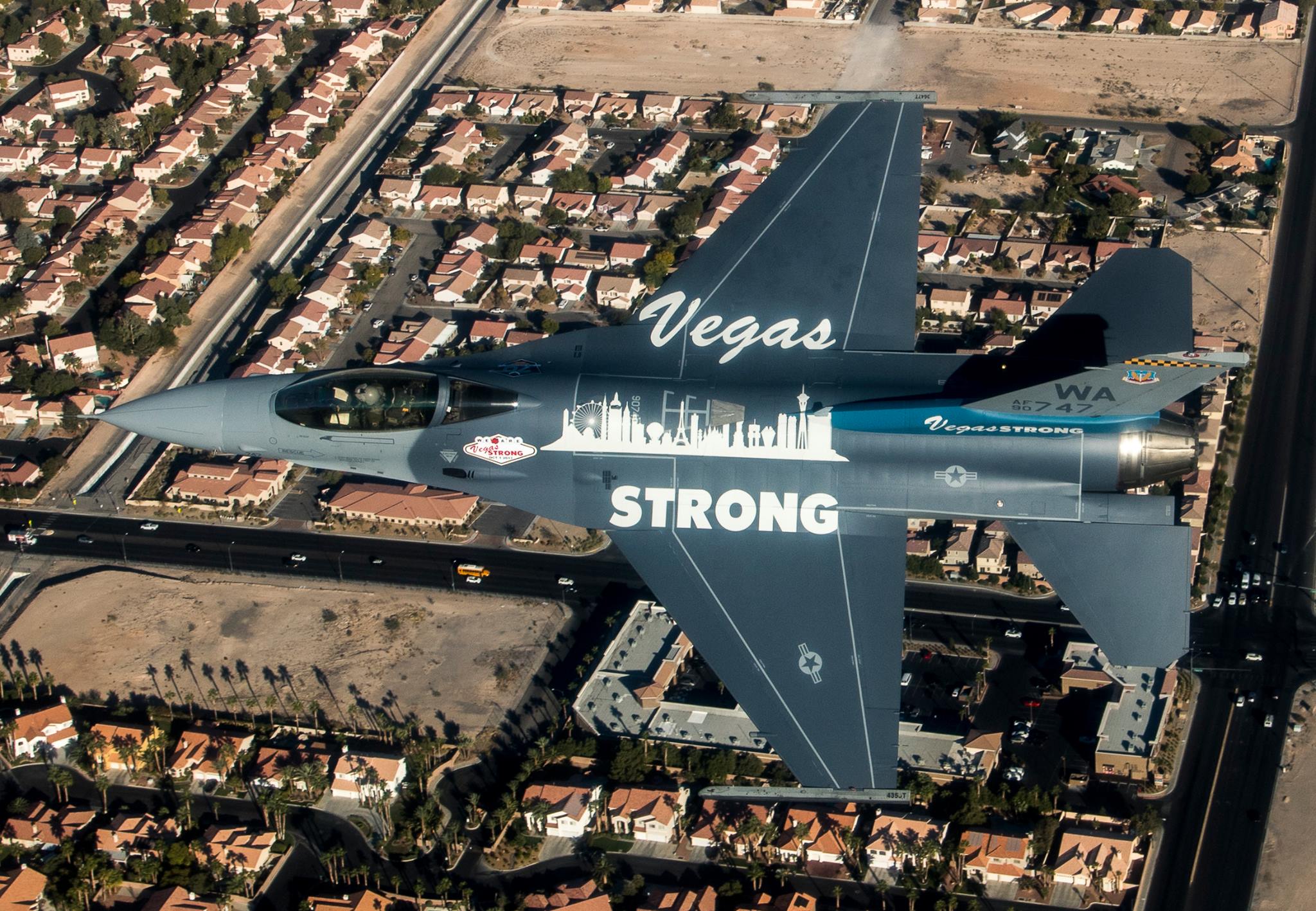 An F-16 Fighting Falcon from Nellis Air Force Base, Nev., soars over Las Vegas Nov. 9, 2017. The Fighting Falcon features a