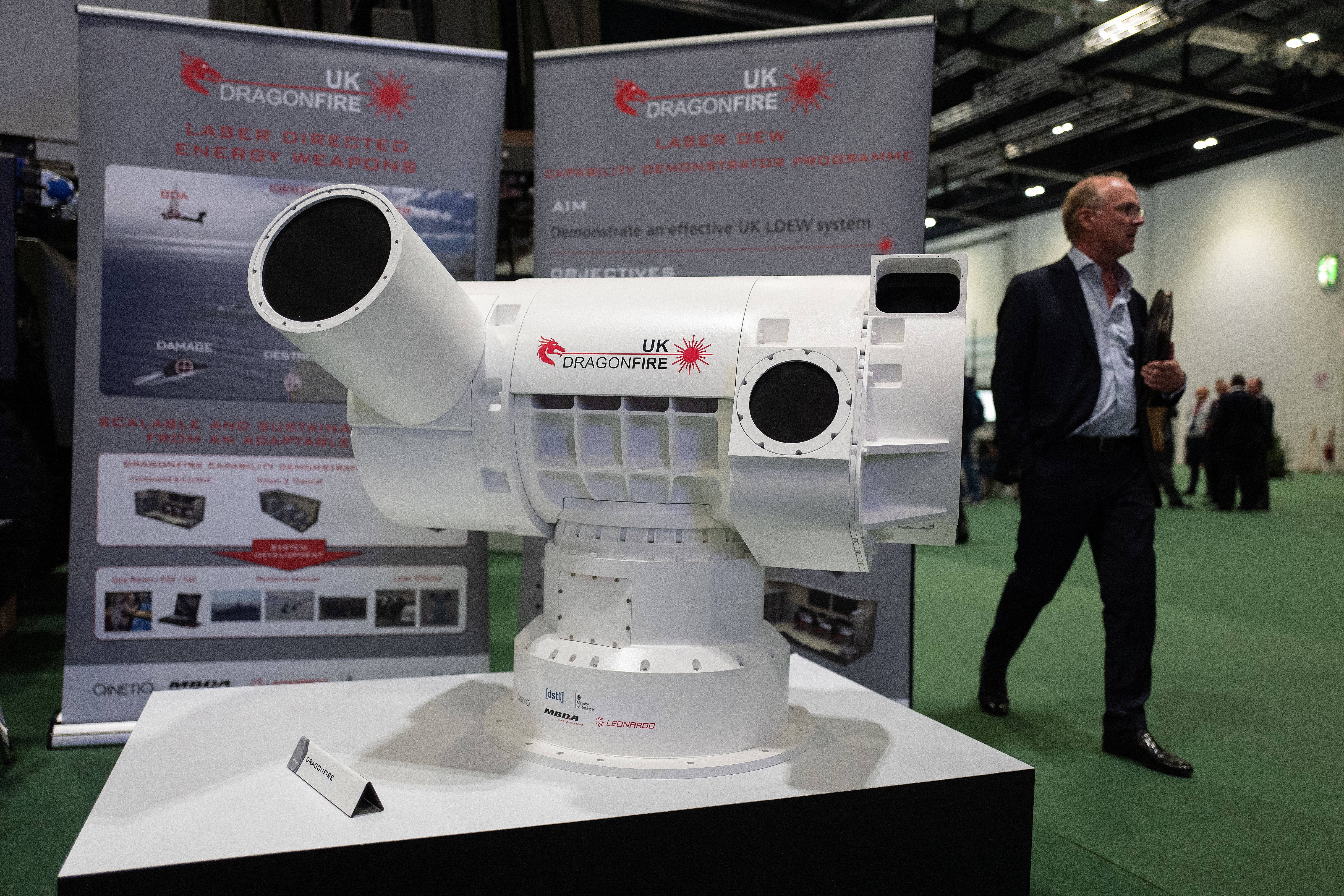 A U.K. Dragonfire laser-directed energy weapon is seen at the DSEI arms fair in London, England. (Leon Neal/Getty Images)