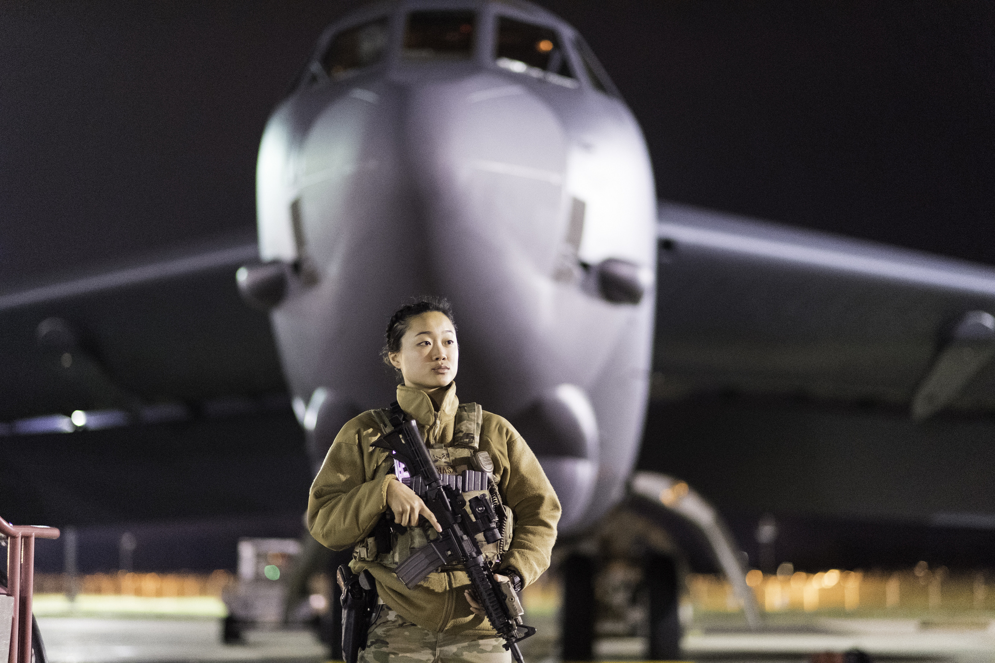 Airman 1st Class Chanelle Juhasz, 2nd Security Forces Squadron patrolman, guards a B-52 Stratofortress during Global Thunder 19 at Barksdale Air Force Base, La., Nov. 4, 2018. (Staff Sgt. Mozer O. Da Cunha/Air Force)