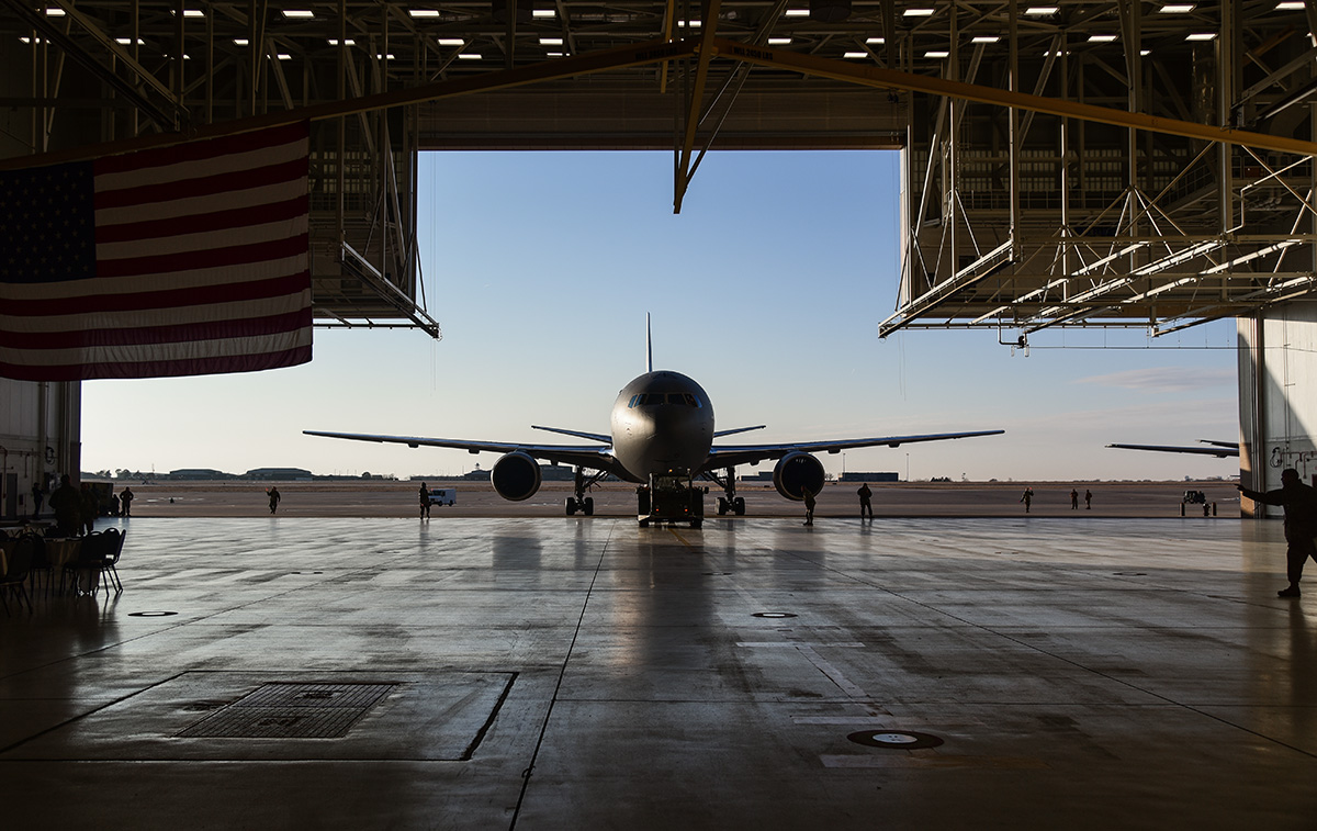 The 22nd Aircraft Maintenance Squadron Airmen tow a KC-46A Pegasus into Hangar 1126 on Jan. 25, 2019, at McConnell Air Force Base, Kan. (Airman 1st Class Alan Ricker/Air Force)