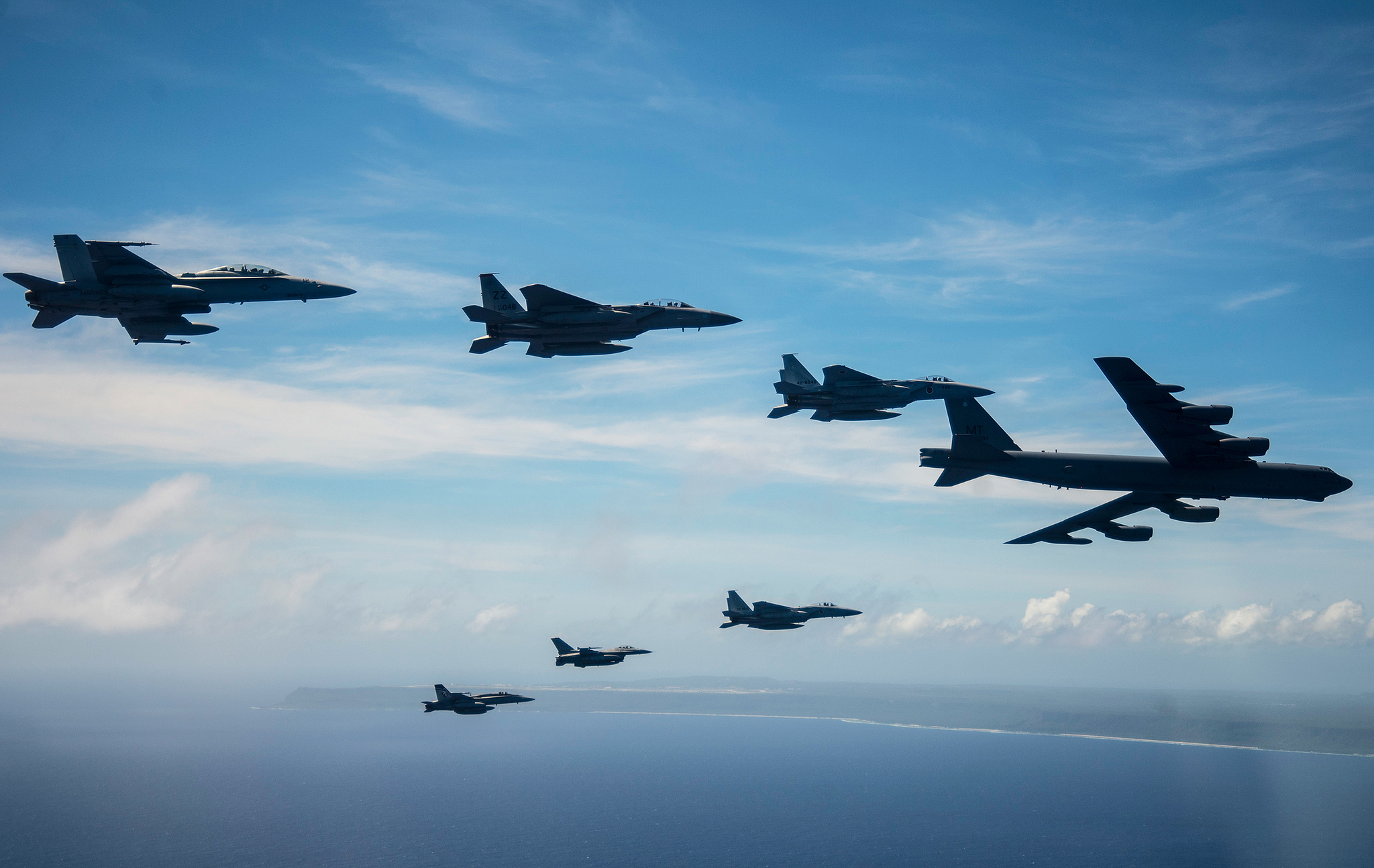 Aircraft from the United States, Australia and Japan participating in COPE North 2019 engage in a large show-of-force formation off the coast of Guam, on March 6, 2019. (Capt. Adam Engelhart/Air Force)