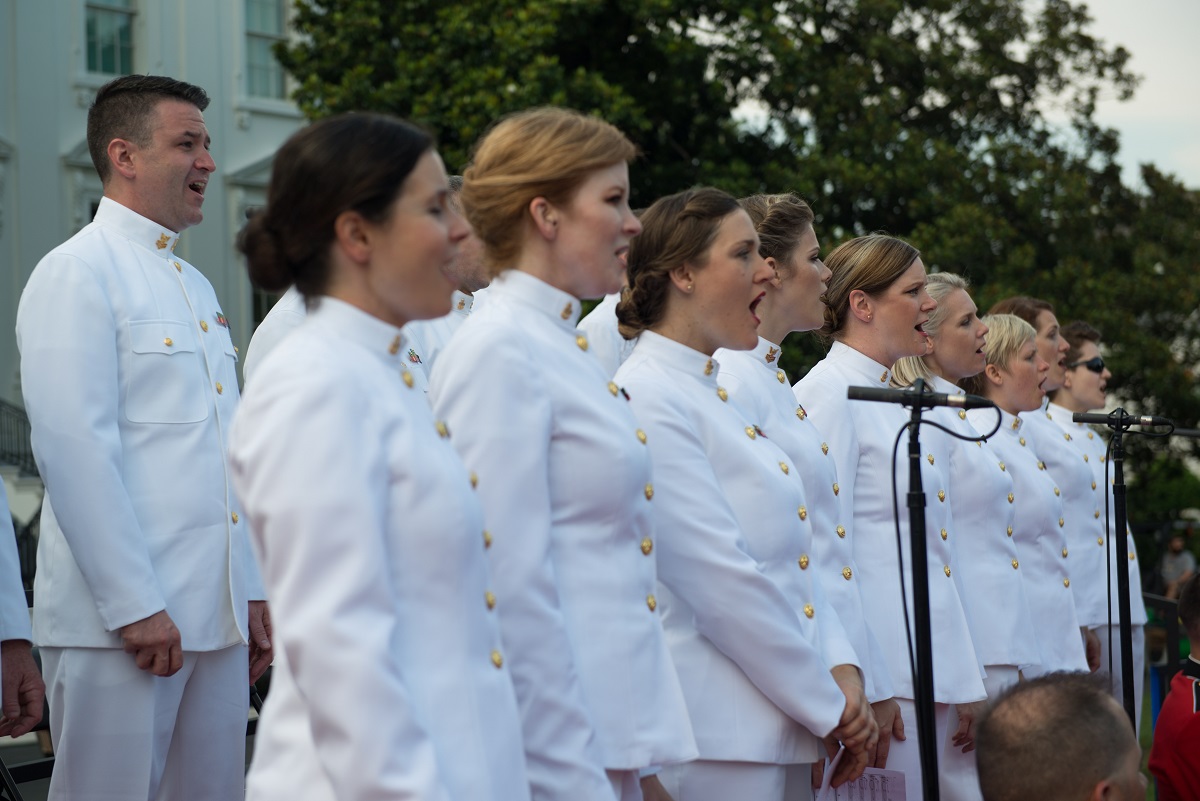 Members of the U.S. Navy Band Sea Chanters rehearse for the live broadcast of the annual Fourth of July celebration on the South Lawn of the White House. (U.S. Navy/Musician 1st Class David Aspinwall)
