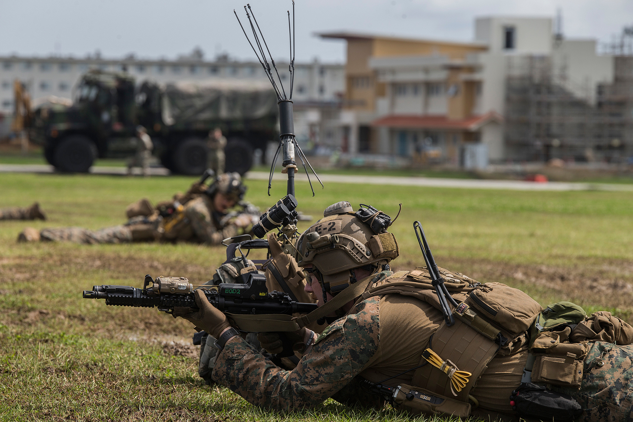 Marines post security during a simulated raid at Camp Hansen, Okinawa, Japan, Feb. 25, 2019. (Lance Cpl. Kyle P. Bunyi/Marine Corps)