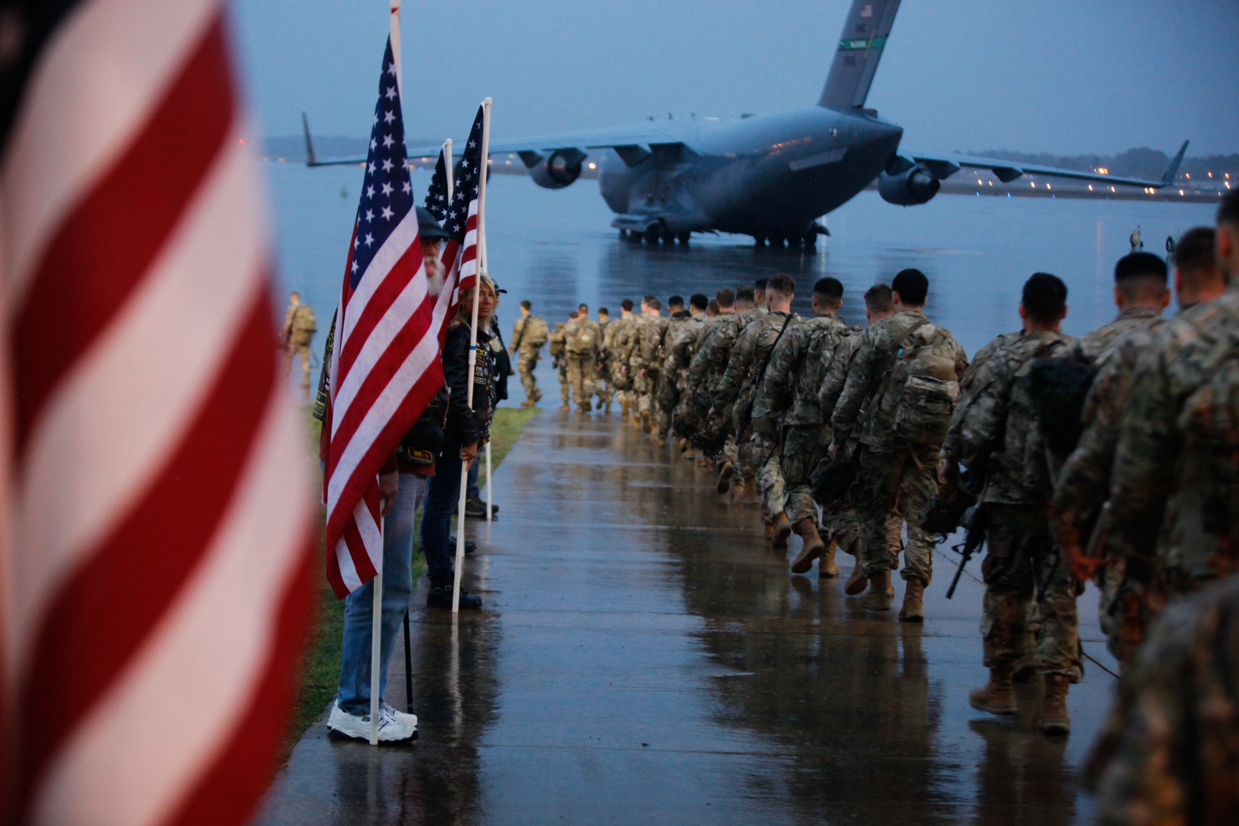 Paratroopers assigned to 1st Brigade Combat Team, 82nd Airborne Division prepare equipment and load aircraft bound for the U.S. Central Command area of operations from Fort Bragg, N.C., on Jan. 4, 2020. (Spc. Hubert Delany III/Army)