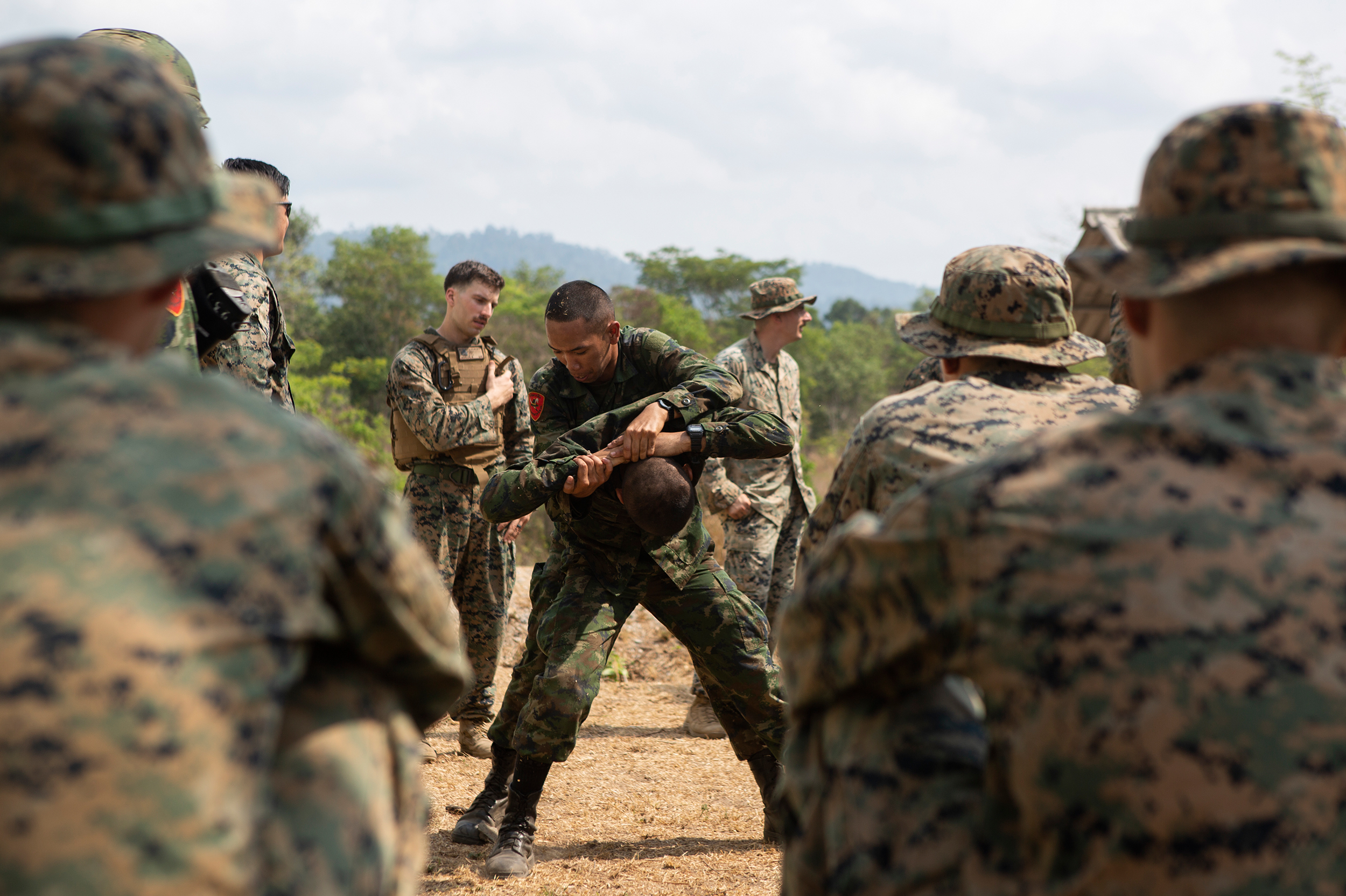 Royal Thai Marines practice detaining a simulated enemy while participating in urban operations training during exercise Cobra Gold 2020 at Ban Chan Khrem, Chanthaburi, Kingdom of Thailand, March 3, 2020. (Lance Cpl. Hannah Hall/Marine Corps)