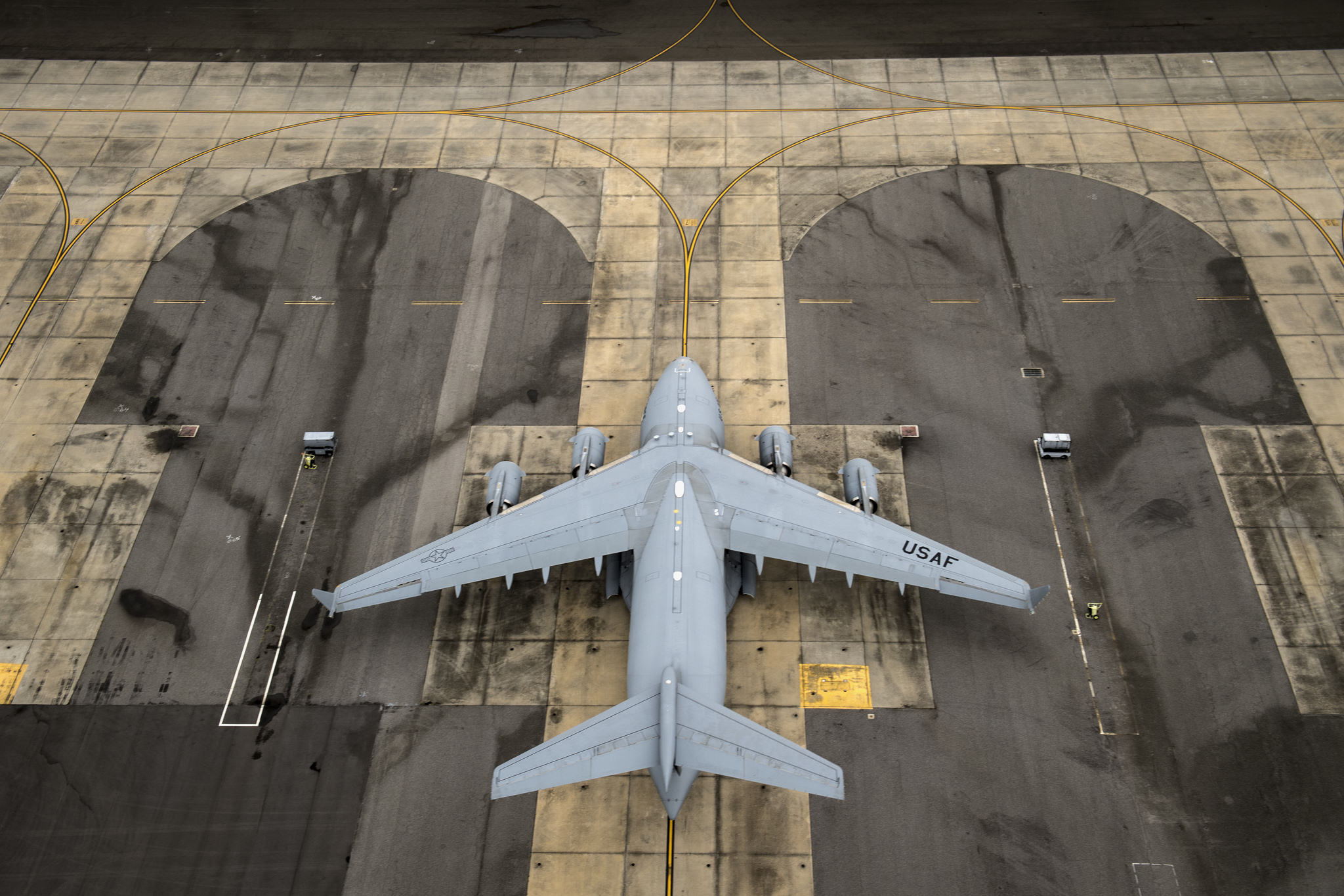 A U.S. Air Force C-17 Globemaster III sits on the flightline, Sept. 16, 2018, at Joint Base Charleston, S.C.. Following Hurricane Florence, Air Force search and rescue assets staged at Charleston in order to be ready to provide rescue capabilities if the need were to arise. (Staff Sgt. Ryan Callaghan/Air Force)