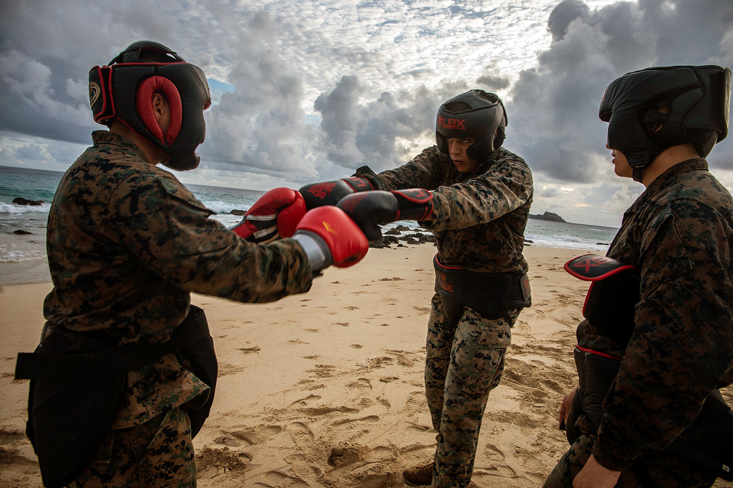 Students with the Marine Martial Arts Instructors Course touch gloves prior to sparring at Marine Corps Base Hawaii, Sept. 12, 2019. (Cpl. Matthew Kirk/Marine Corps)