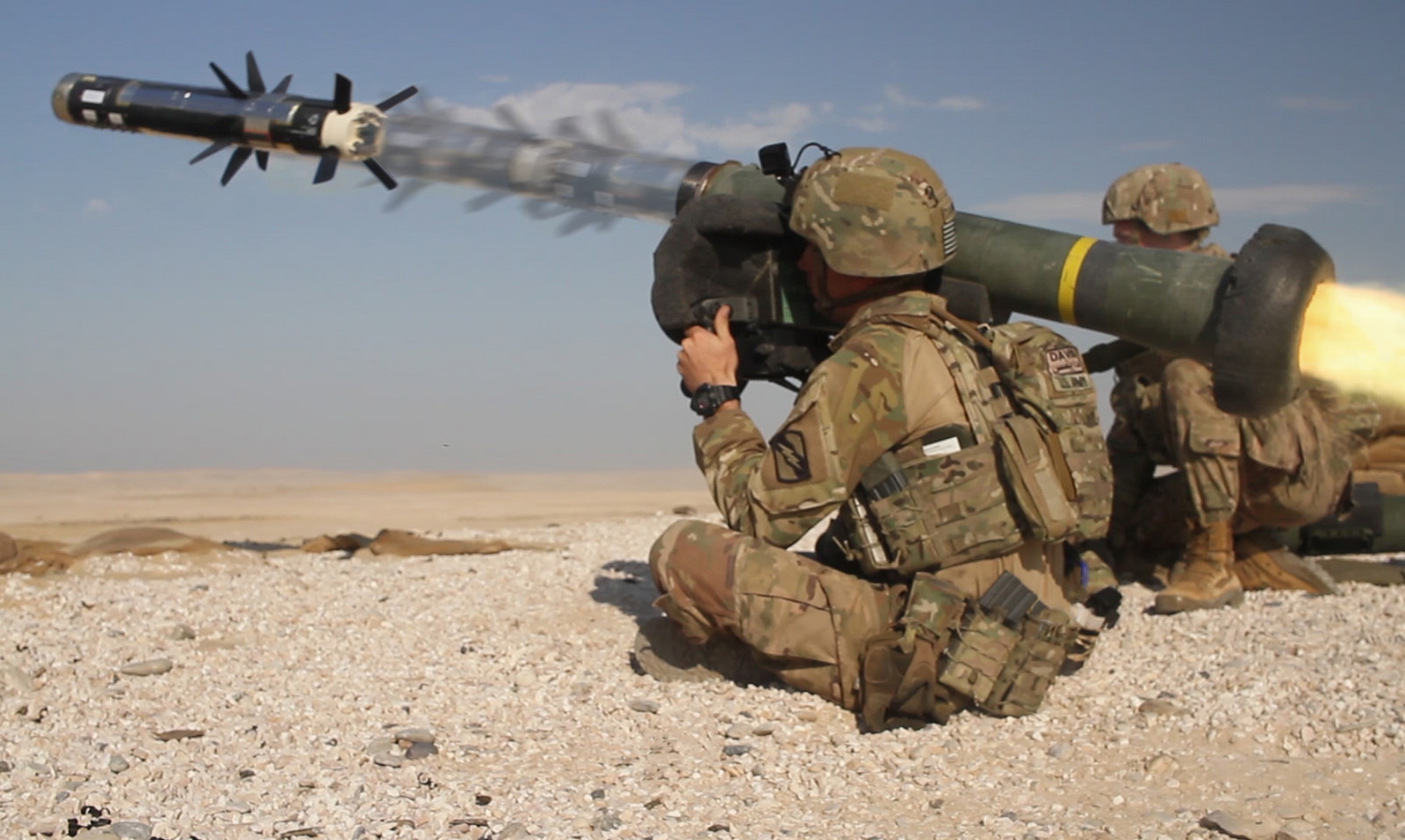 Army Spc. Colton Davis fires a Javelin shoulder-fired anti-tank missile during a combined arms live fire exercise as part of Exercise Eastern Action 2019 at Al-Ghalail Range in Qatar, Nov. 14, 2018. The multiple exposure photo demonstrates the multiple stages the missile goes through after it is fired by Davis. (Spc. Jovi Prevot/National Guard)