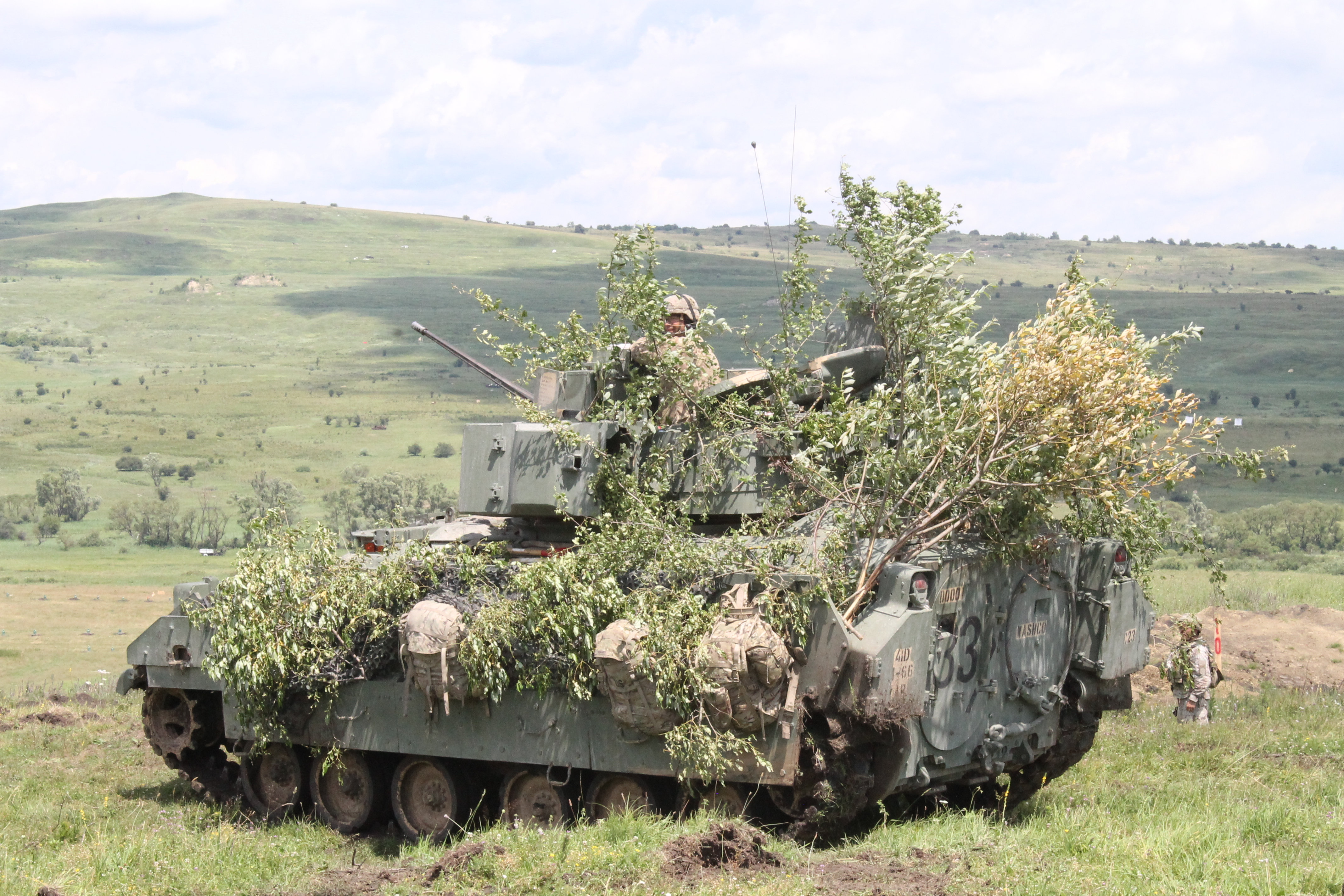 A Bradley Fighting Vehicle displays camouflage using local fauna in order to blend into the surroundings. U.S. Army Europe head Lt. Gen. Ben Hodges, along with mandating soldiers involved in the exercise, wear tactical uniforms, face camouflage, and come prepared and ready to fight as if they would in a real-world operation. Vehicles had to step up the camouflage game, too. The effort shows it’s not just about changing the paint from sand color to forest green. (Jen Judson/Staff)