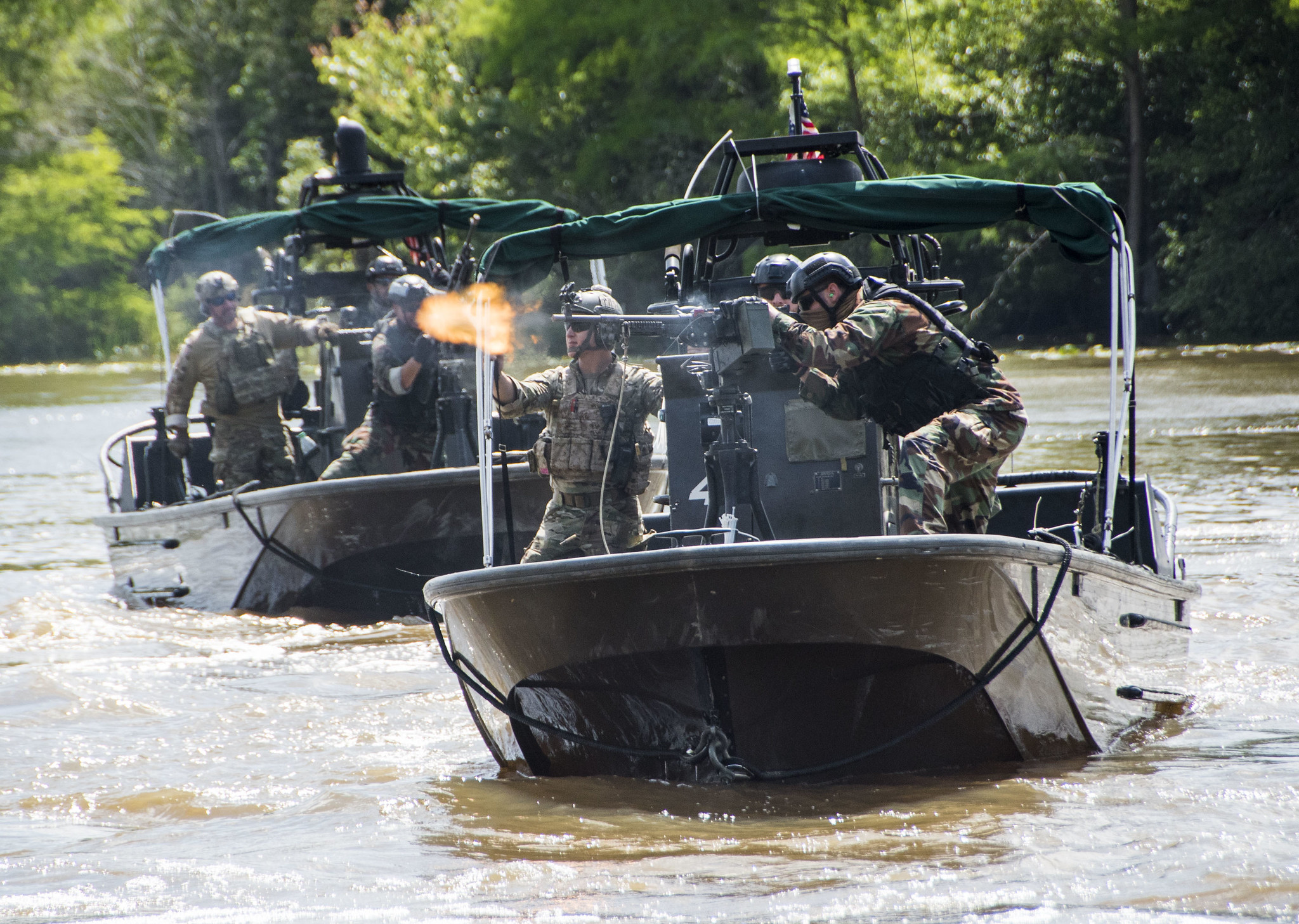 Naval Small Craft Instruction and Technical Training School students participate in a Patrol Craft Officer Riverine training exercise April 29, 2019, at the John C. Stennis Space Center, Miss. (Michael Williams/Navy)