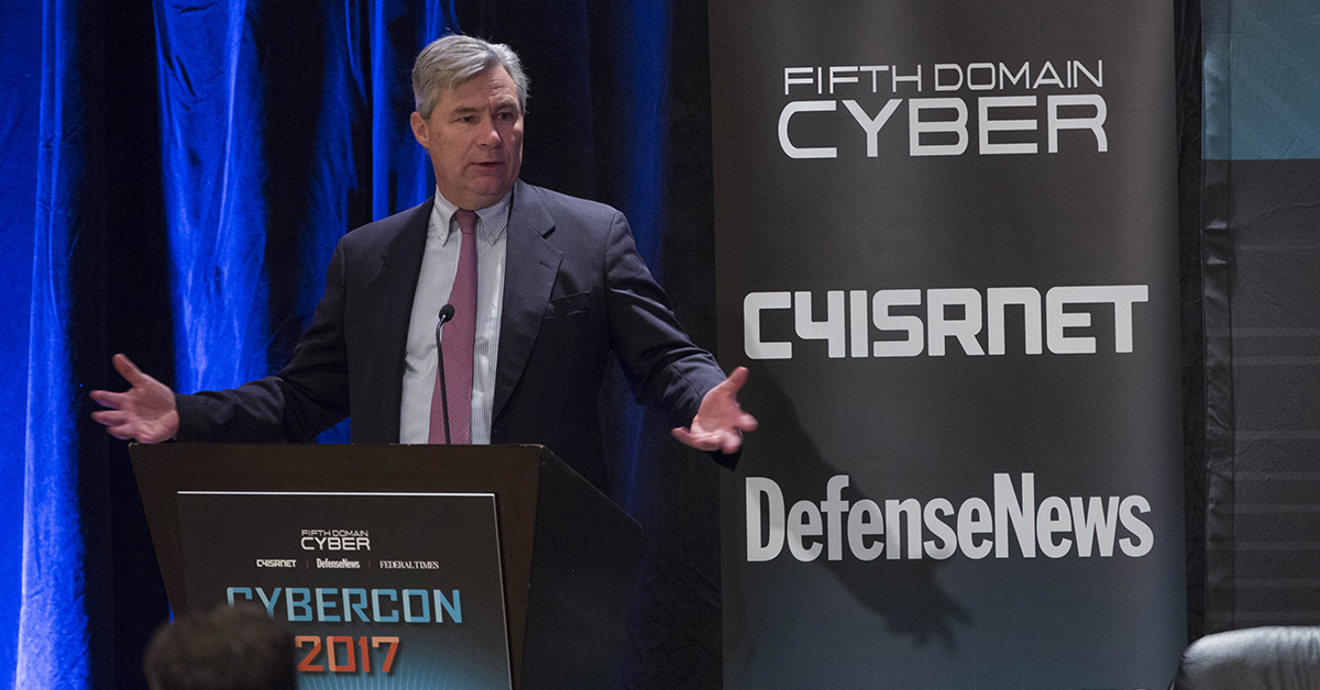 Sen. Sheldon Whitehouse, D-R.I., gives a keynote speech during Cybercon 2017, emphasizing the need for NIST stress-tests and cybersecurity focused inspector generals, at the Ritz-Carlton Hotel in Pentagon City on Nov. 28, 2017. (Alan Lessig/Staff)