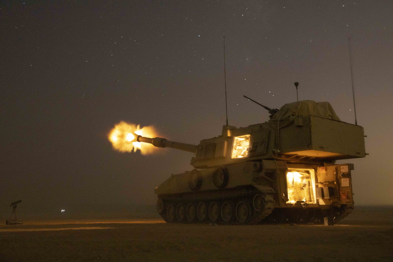 U.S. Army soldiers fire a M109A6 Paladin in support of the joint training exercise Eager Lion '19 at Training Area 1, Jordan, Aug. 27, 2019. (Spc. Angel Ruszkiewicz/Army)