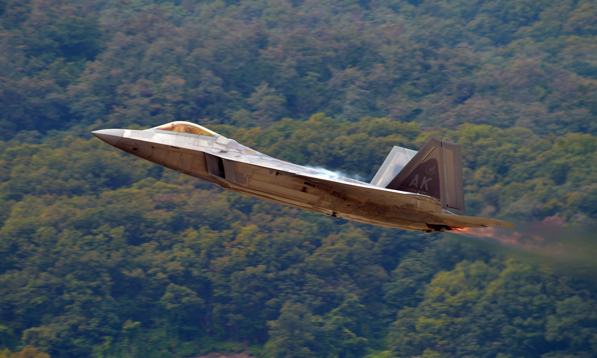 A U.S. Air Force F-22 Raptor from the Air Combat Command F-22 Raptor Demonstration Team takes off during the Seoul International Aerospace and Defense Exhibition (ADEX) 2017 press day at the Seoul Airport, Republic of Korea, Oct. 16, 2017. The (Staff Sgt. Alex Fox Echols III/Air Force)