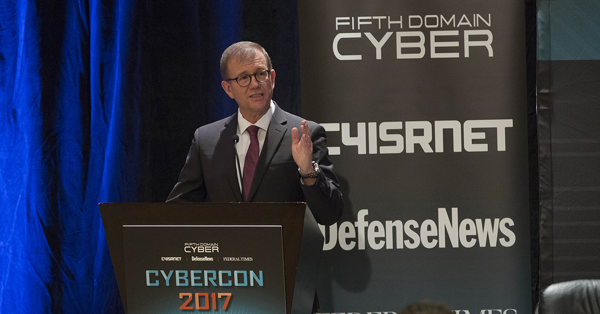 Dr. Brian Pierce, Director, Information Innovation Office, DARPA, gives a keynote speech focusing on U.S. cyber deterrence at Cybercon 2017 at the Ritz-Carlton Hotel in Pentagon City on Nov. 28, 2017. ( Ben Murray/Staff)