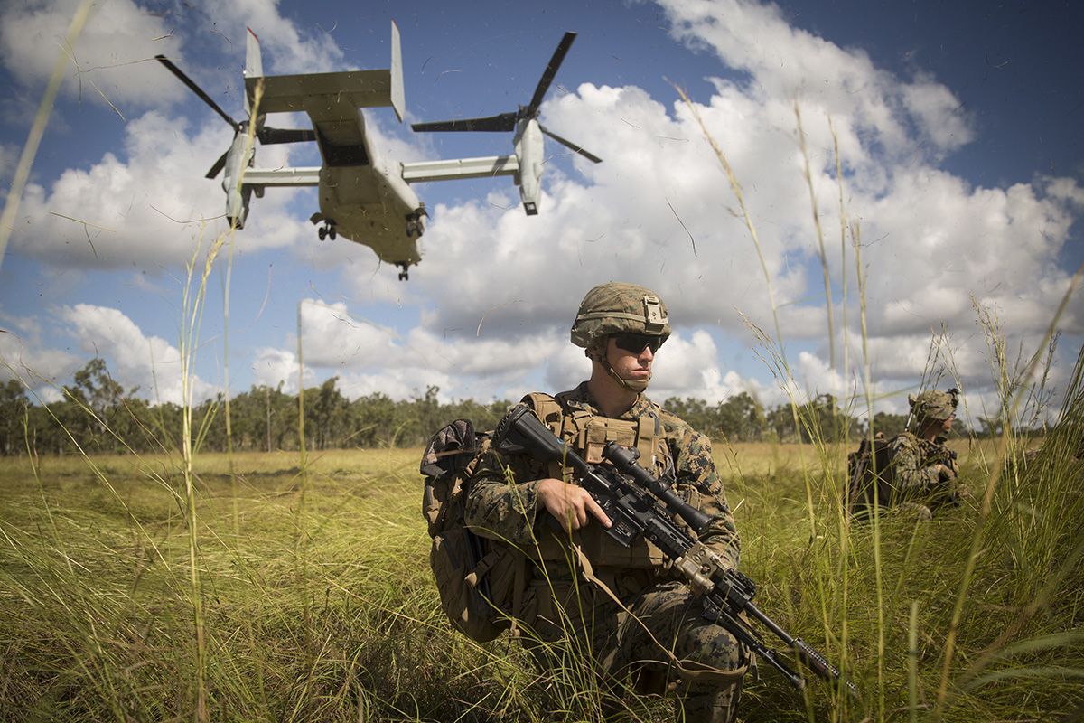 U.S. Marines with the Ground Combat Element and the Aviation Combat Element, Marine Rotational Force – Darwin (MRF-D), conduct an aerial insert via an MV-22 Osprey during Exercise Southern Jackaroo, Shoalwater Bay Training Area, Queensland, Australia, May 25, 2019. (Staff Sgt. Jordan Gilbert/Marine Corps)