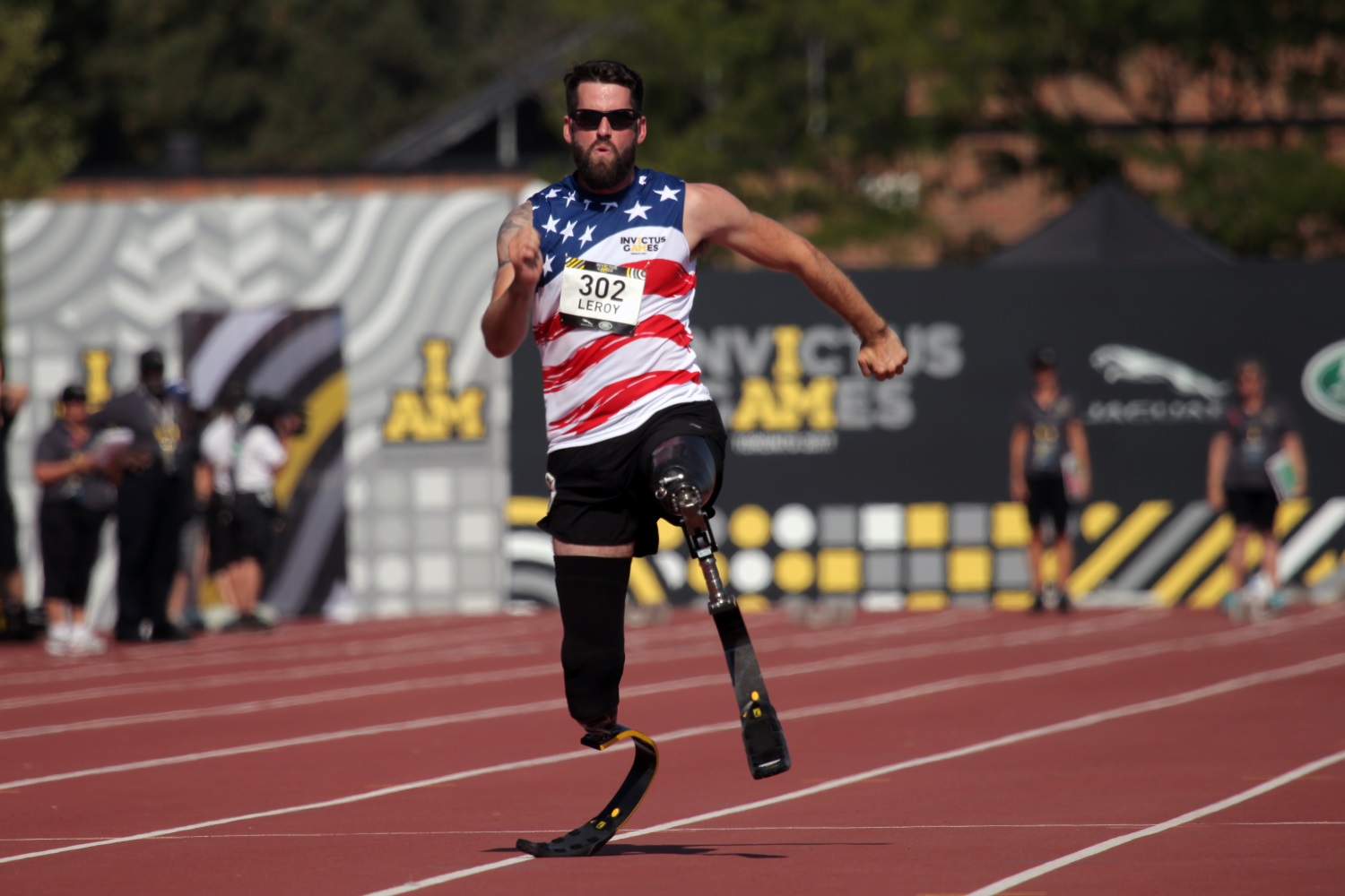 U.S. Army veteran Sgt. Stefan Leroy competes in the Invictus Games' 100-meter dash event at York Lions Stadium in Toronto, Canada, on Sept. 24, 2017. The Invictus Games was created by Prince Harry of Wales. (Staff Sgt. Daniel Luksan/Army)