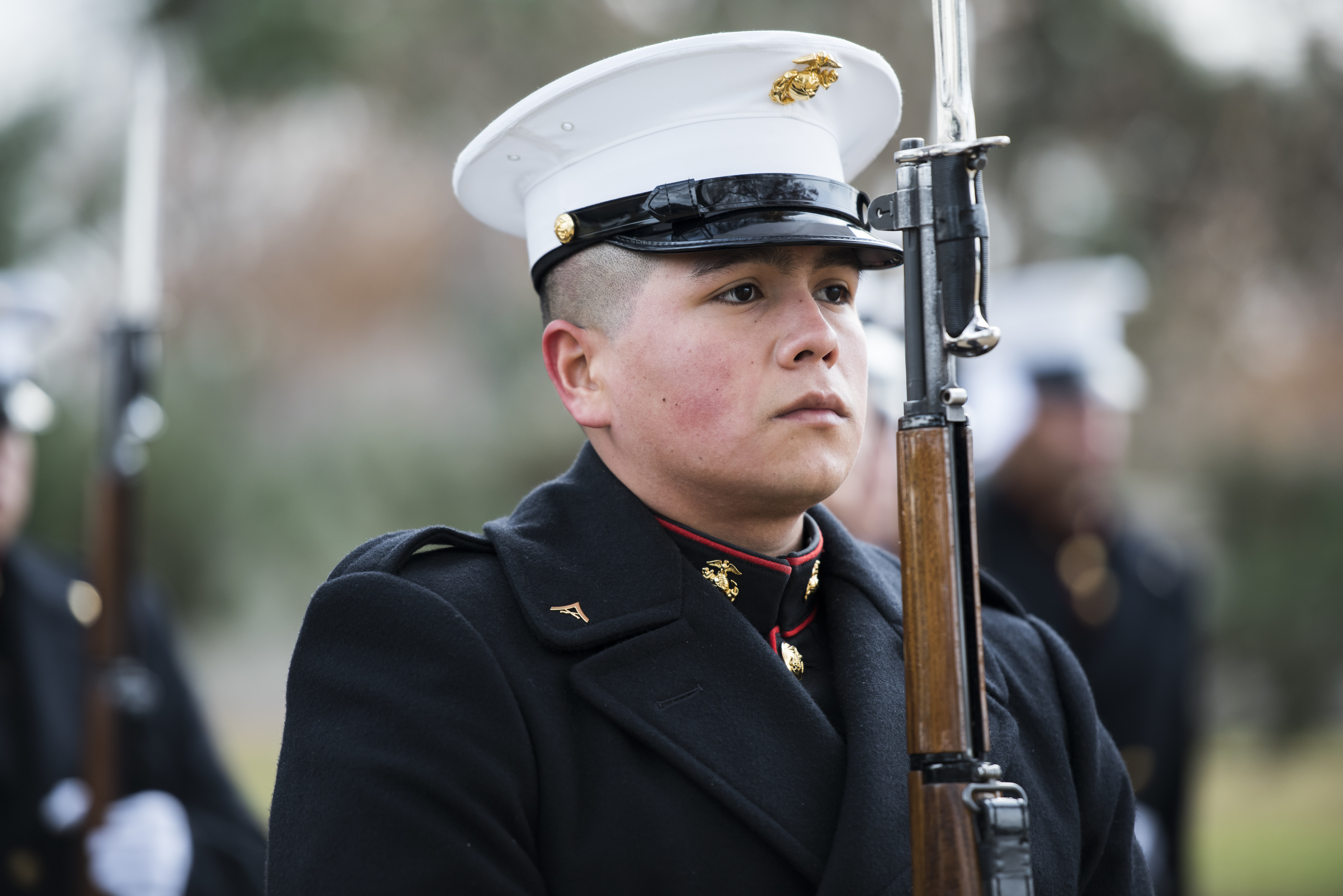 Marines from the Marine Barracks, Washington, D.C. (8th and I) participate in the full honors funeral of U.S. Marine Corps. Pvt. Archie Newell in Section 60 of Arlington National Cemetery, Arlington, Va.. Assigned to Company C, 2nd Tank Battalion, 2nd Marine Division in 1943, Newell died when his division attempted to secure the small island of Betio in the Tarawa Atoll from the Japanese. (U.S. Army photo by Elizabeth Fraser / Arlington National Cemetery)