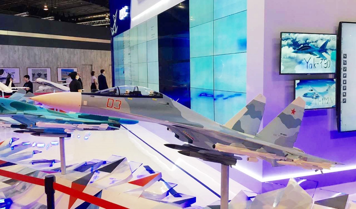 Russia had no military aircraft on display, but its United Aircraft Corporation was out in force in the exhibition halls. (Mike Yeo/Staff)