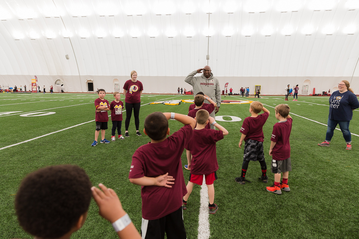 Military children participate in team-building activities for Army Forces Day on Saturday, June 19, 2018, at Redskins Park in Loudoun County, Va. (James Williams/Military Times)