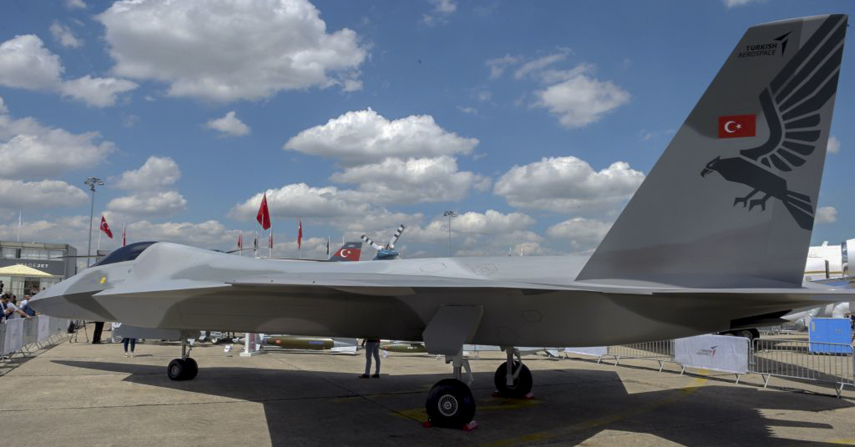 A full-scale model of a future Turkish fighter is presented on the first day of the Paris Air Show. (Eric Piermont/AFP via Getty Images)