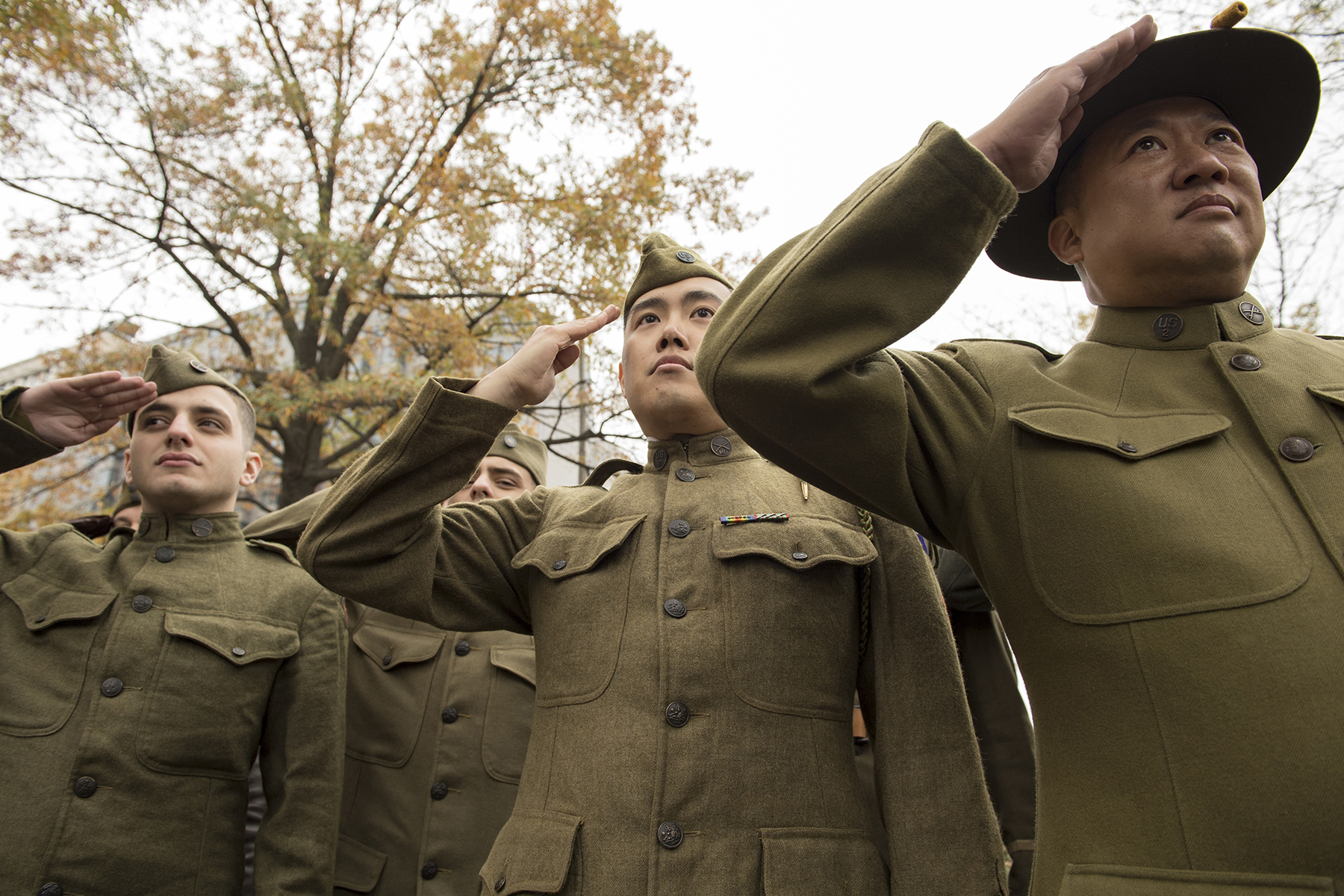 World War I re-enactors salute during the National World War I Memorial groundbreaking ceremony at Pershing Park in Washington. Construction of the memorial is expected to be completed in a year. (EJ Hersom/Department of Defense)