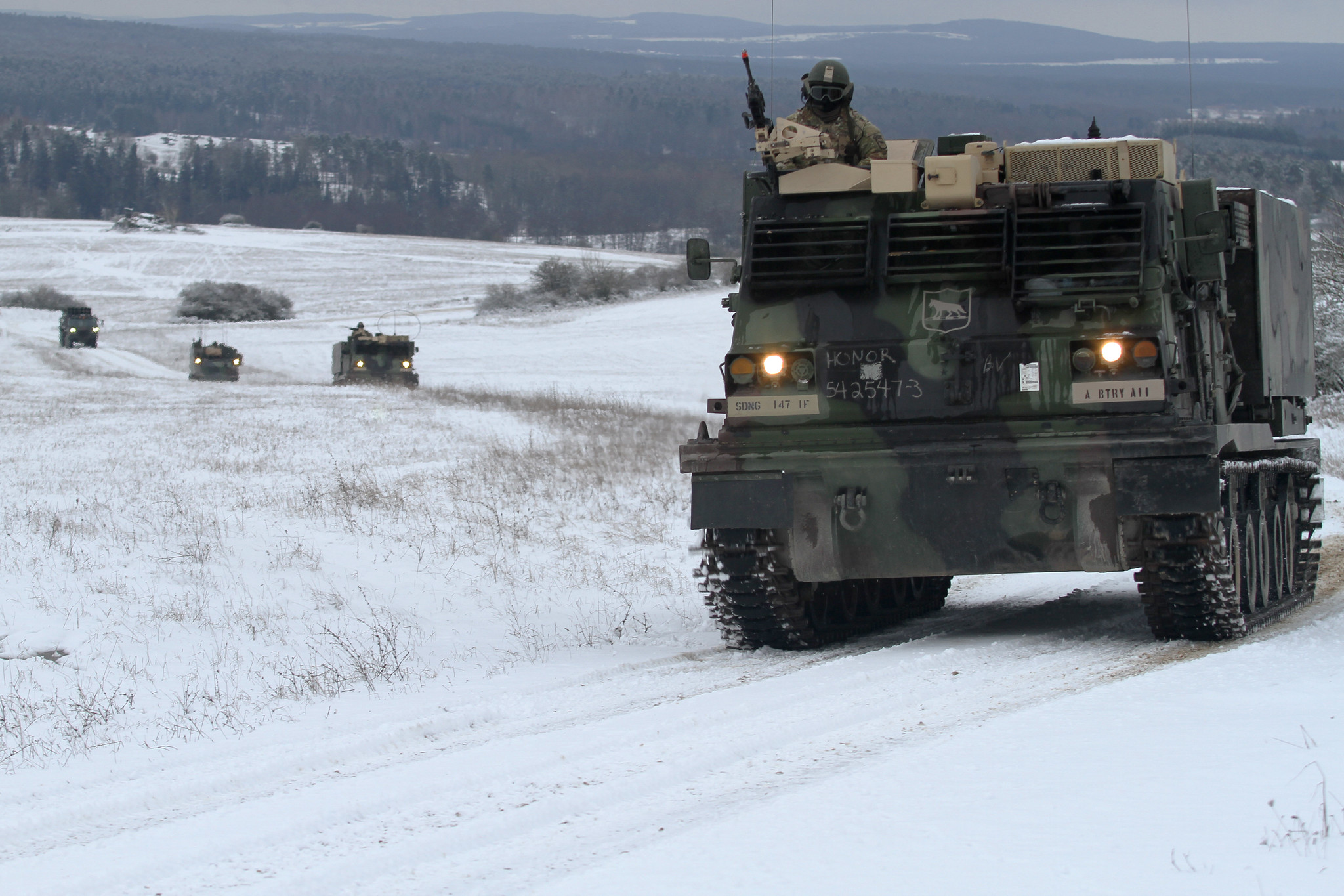 South Dakota's National Guard's 1-147th Field Artillery Battalion convoys to their training site for a two-day field training exercise during Operation Atlantic Resolve in Grafenwohr, Germany, Jan. 29, 2020. (Spc. Tyler O'Connell/National Guard)