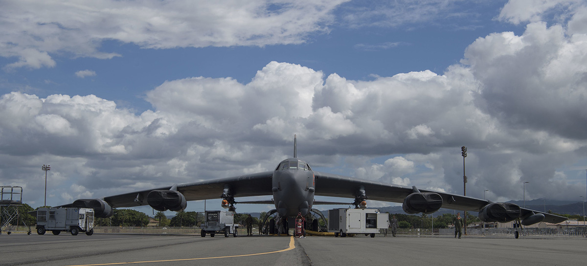 A B-52 Stratofortress prepares for an operational demonstration of the Quickstrike-ER (QS-ER) naval mine project on May 28, 2019, at the Pacific Missile Range Facility at Joint Base Pearl Harbor-Hickam, Hawaii. (Tech. Sgt. Heather Redman/Air Force)
