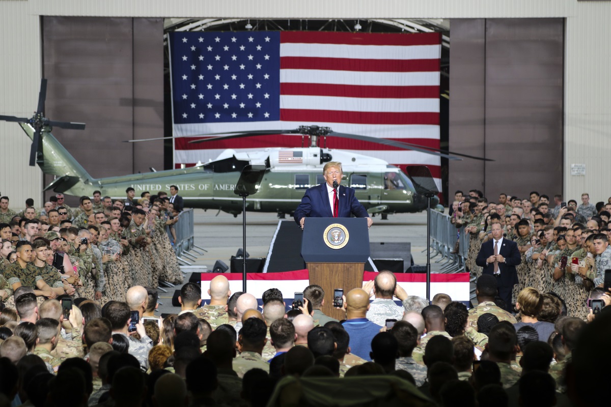 President Donald Trump speaks to service members during a June 30, 2019, visit to Osan Air Base, South Korea. (Staff Sgt. Cody Harding/Army)