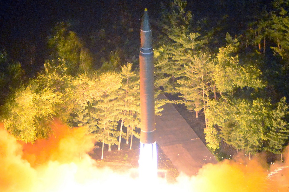 This July 28, 2017, picture released from North Korea's official Korean Central News Agency shows the Hwasong-14 being launched at an undisclosed location in North Korea. The Hwasong-14’s second test dwarfed its maiden launch. The missile flew for 47 minutes to a range of 1,000 kilometers and an altitude of 3,700 kilometers. It is unclear if the missile’s re-entry vehicle can survive the re-entry stress associated with intercontinental distances. (STR/AFP via Getty Images)