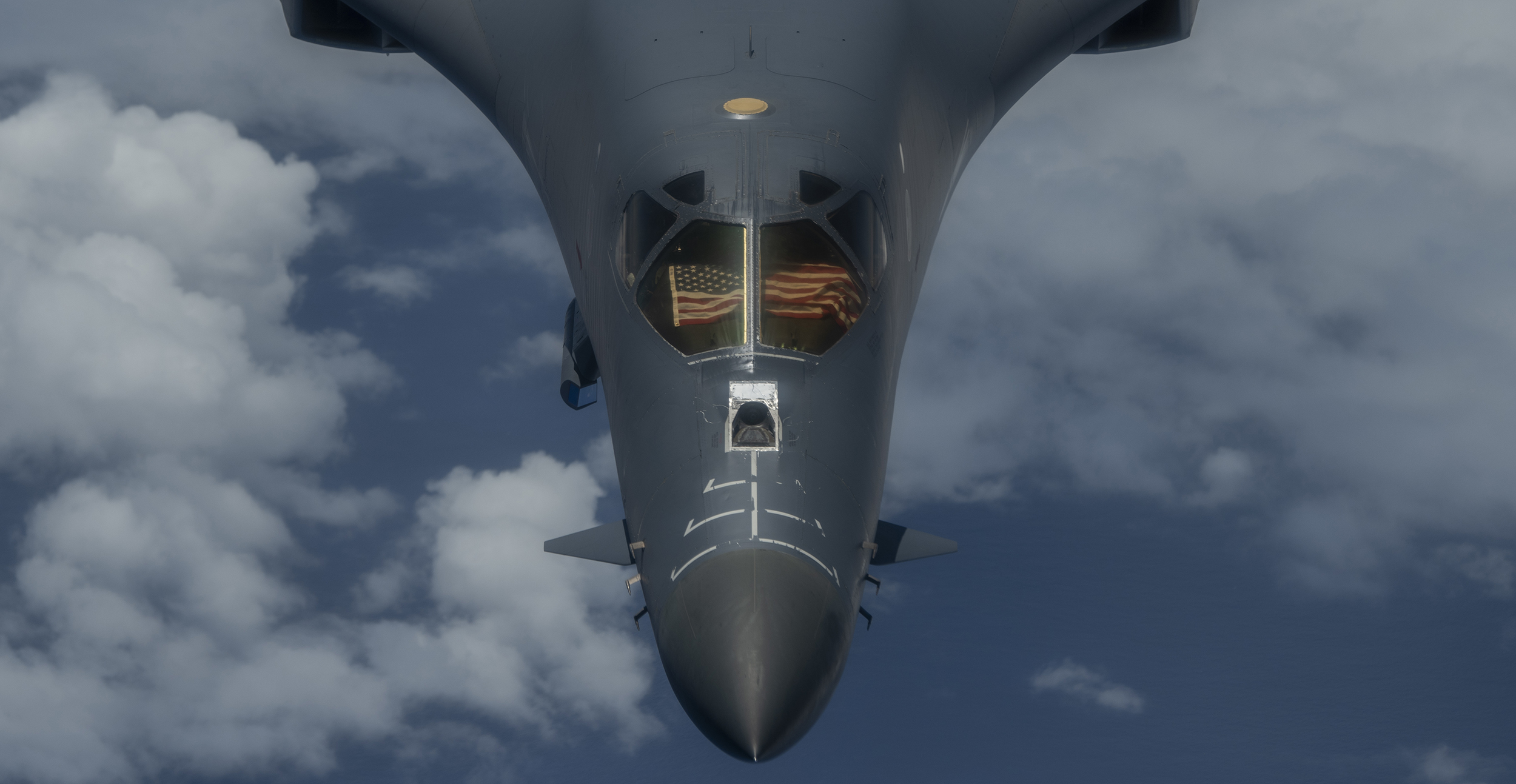 A 9th Expeditionary Bomb Squadron B-1B Lancer flies over the East China Sea May 6, 2020, during a training mission. (Senior Airman River Bruce/Air Force)