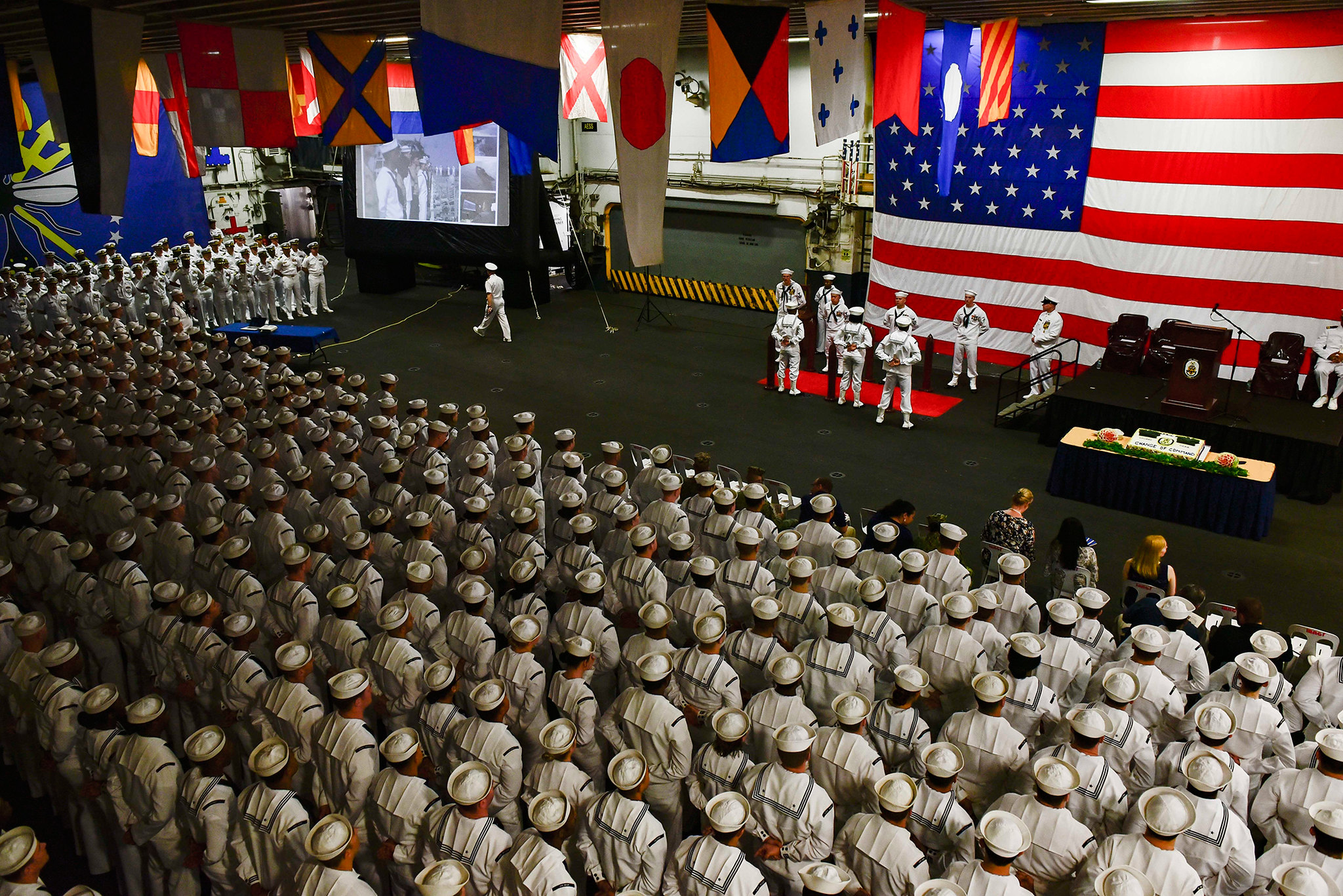 Sailors stand at parade rest during a change-of-command ceremony aboard the amphibious assaut ship USS Wasp (LHD 1) on April 13, 2019, at Subic Bay, Philippines. (Mass Communication Specialist 3rd Class Benjamin F. Davella III/Navy)