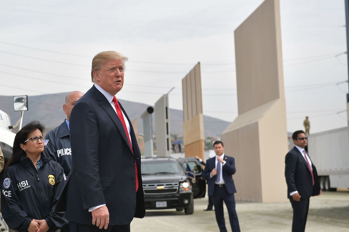U.S. President Donald Trump inspects U.S.-Mexico border wall prototypes in San Diego, Calif., on March 13, 2018. (Mandel Ngan/AFP via Getty Images)