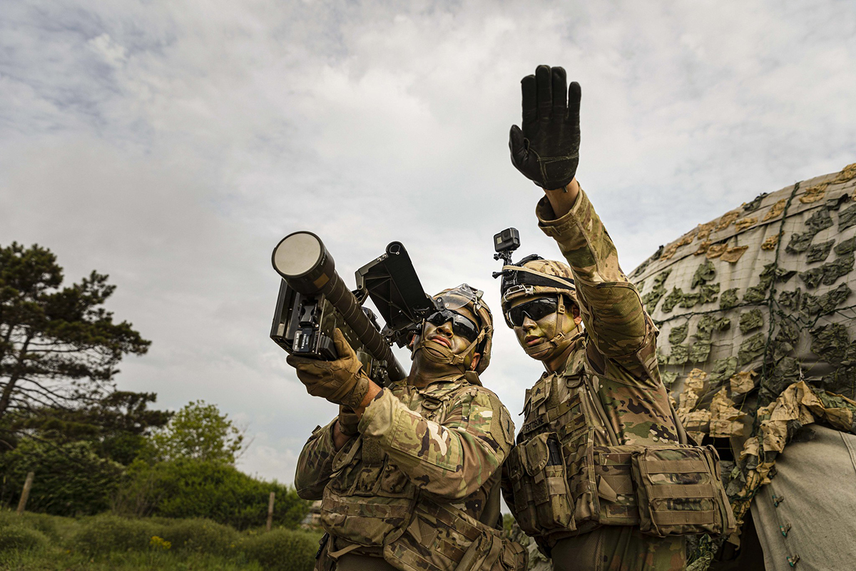 Sgt. Zane Pettibone and Spc. Svenson Albert conduct engagement sequences and the 13 critical checks of the Stinger Man-Portable Air Defense System (MANPADS) as part of the multinational live-fire training exercise Shabla 19, June 11, 2019. (Sgt. Thomas Mort/Army)