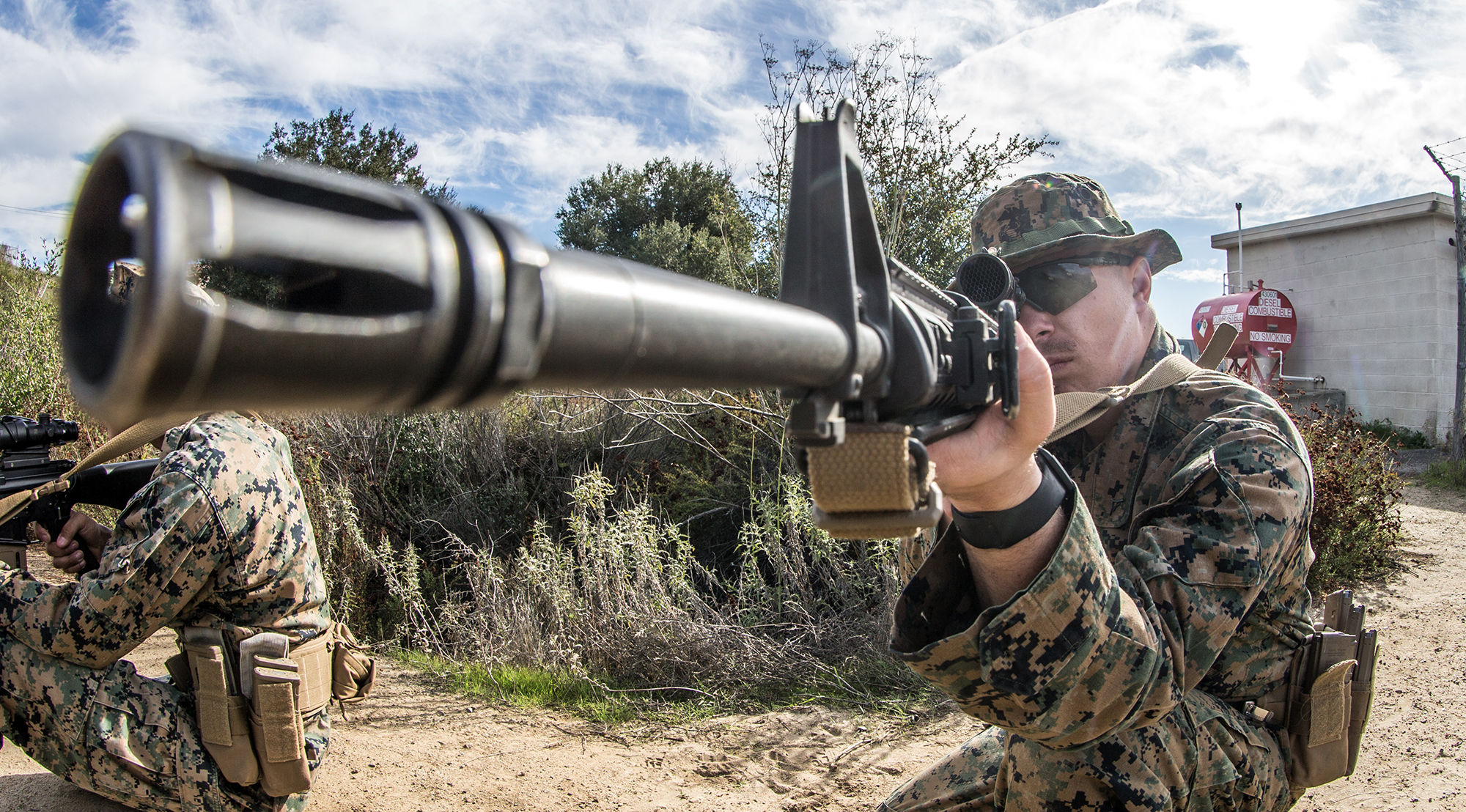 Lance Cpl. Mitchell Smith sights in on a barrel at the 1st Maintenance Battalion Marksmanship Trainer Unit on Marine Corps Base Camp Pendleton, Calif., Jan. 7, 2020. (Lance Cpl. Alison Dostie/Marine Corps)