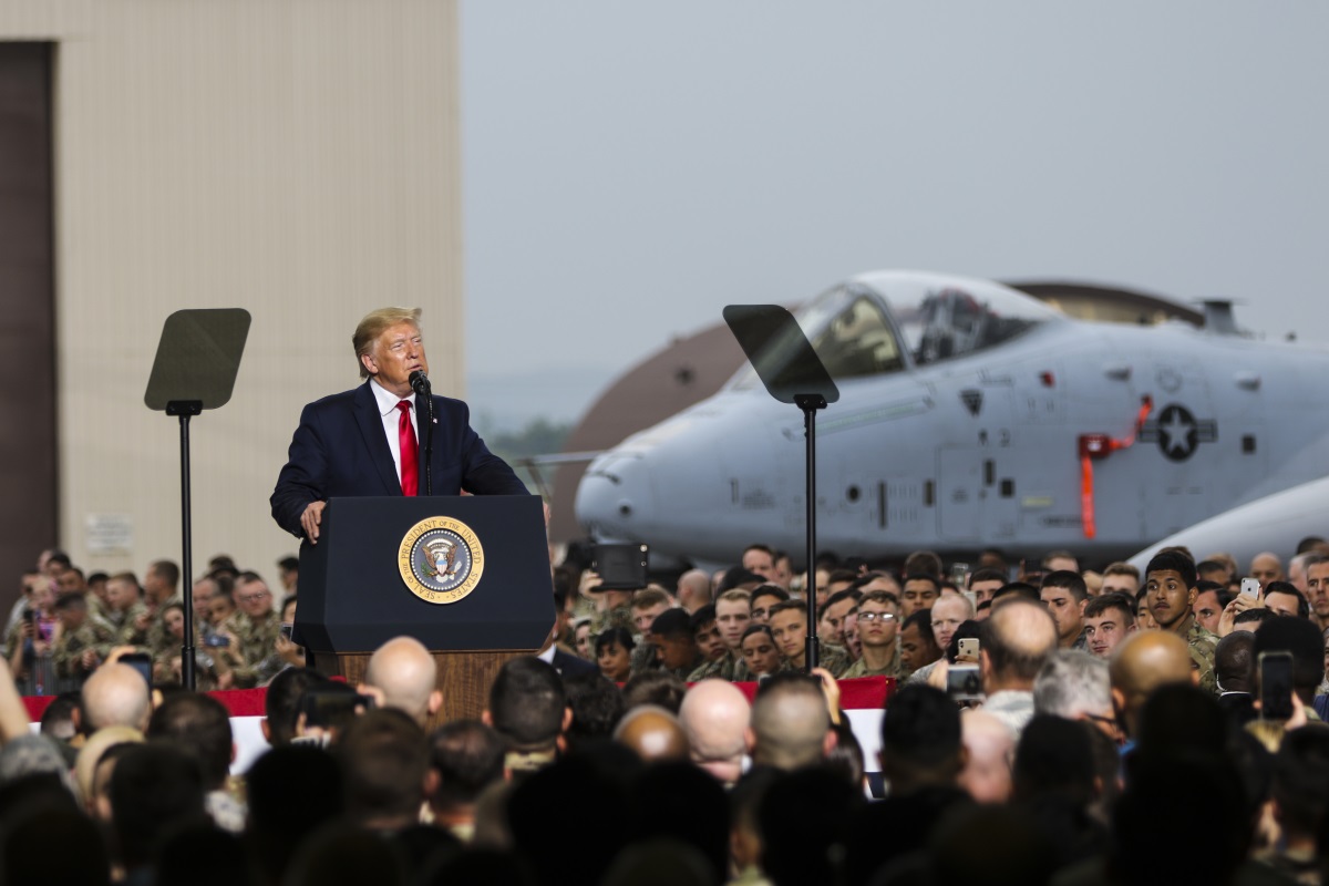 President Donald Trump speaks to soldiers, sailors, airmen and Marines during a June 30, 2019, visit to Osan Air Base, South Korea. (Staff Sgt. Cody Harding/Army)