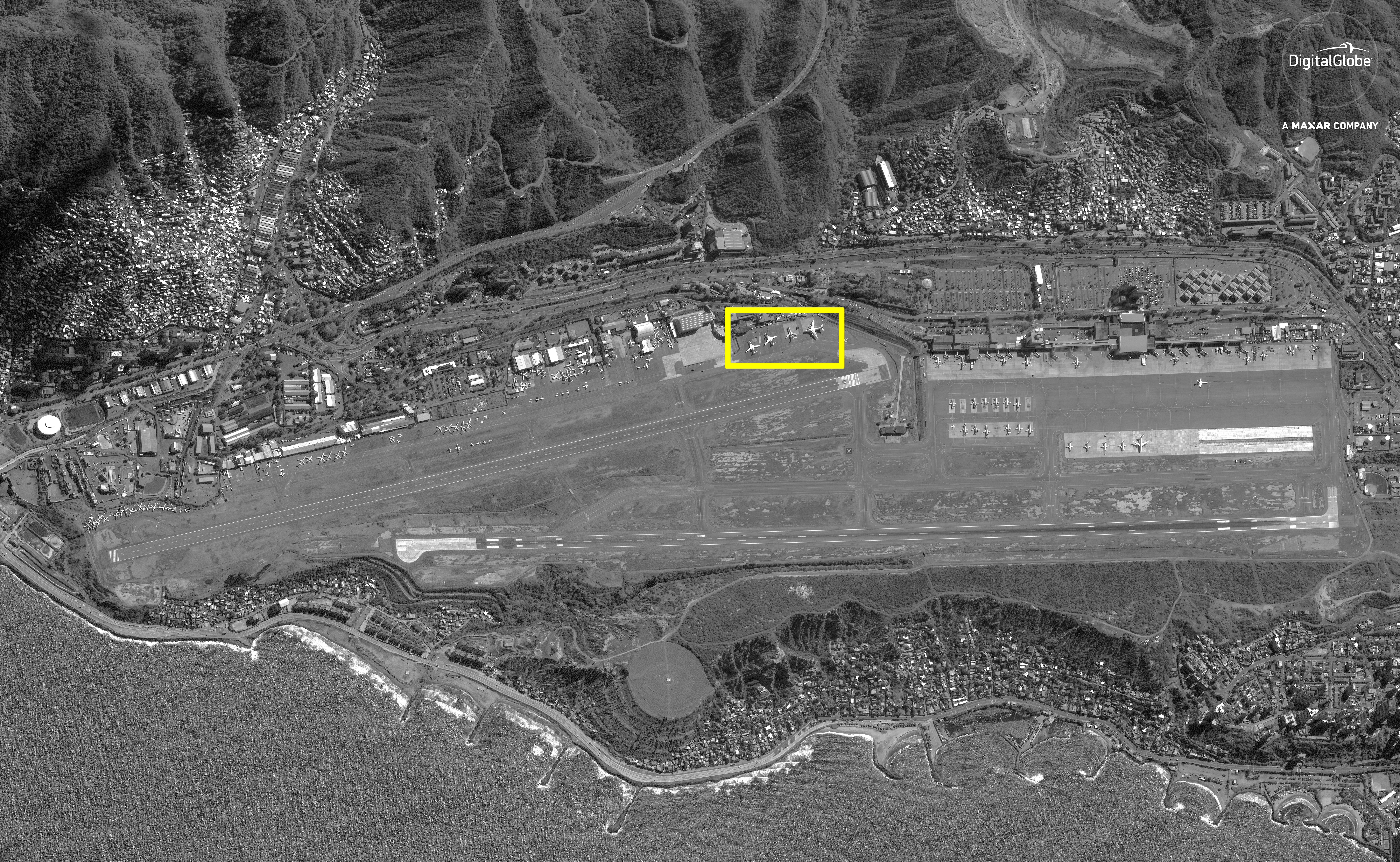 Two Russian nuclear-capable Tu-160 bombers along with a heavy-lift AN-124 cargo plane and an Il-62 passenger plane landed at Maiquetia airport outside of Caracas, Venezuela on Dec. 10, 2018. (DigitalGlobe)