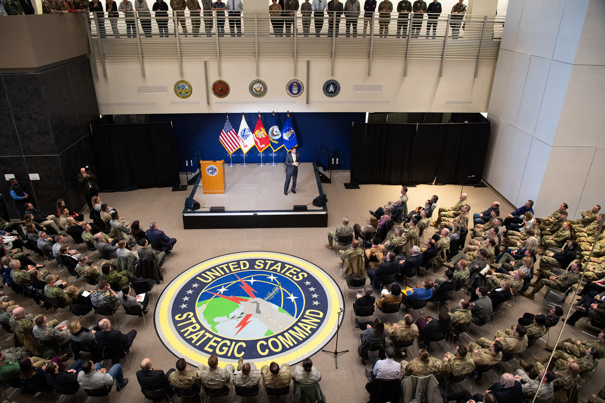 Defense Secretary Mark Esper hosts a town hall during his visit to STRATCOM headquarters at Offutt Air Force Base, Neb., Feb. 20, 2020. (Army Staff Sgt. Nicole Mejia/DoD)