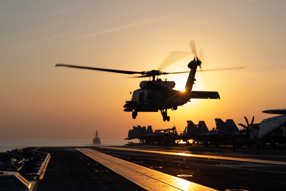 An MH-60R Sea Hawk helicopter takes off from the flight deck of the aircraft carrier USS John C. Stennis (CVN 74) during a transit through the Strait of Hormuz on Dec. 21, 2018. (MC3 Grant G. Grady/Navy)