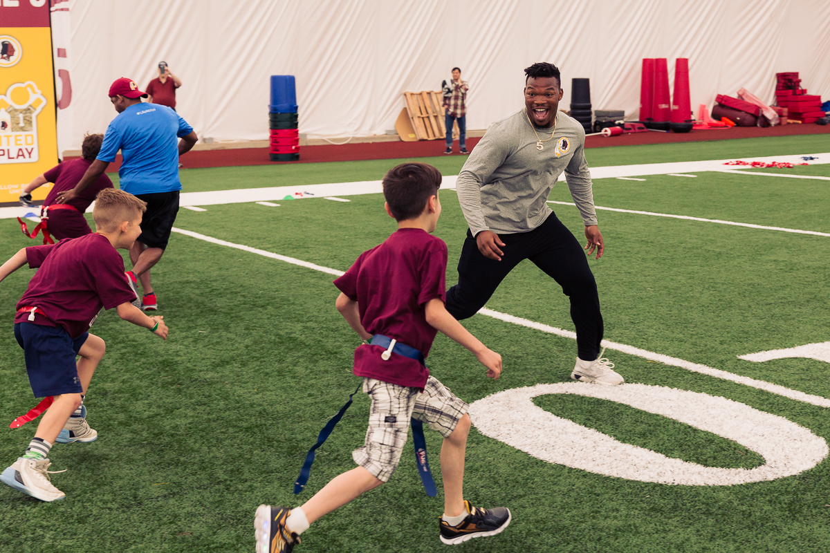 Military children participate in team-building activities for Army Forces Day on Saturday, June 19, 2018, at Redskins Park in Loudoun County, Va. (James Williams/Military Times)