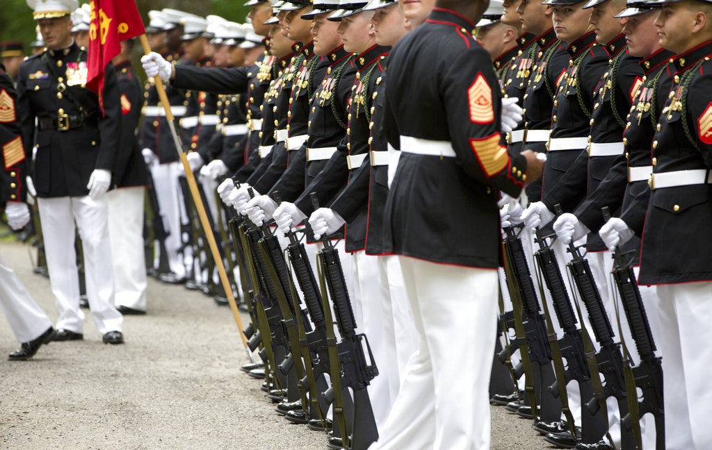 U.S. Marines participate in a commemoration at the American Marine Memorial in Belleau Wood prior to a service at the Aisne-Marne American Cemetery in Belleau, France, Sunday, May 27, 2018. (Virginia Mayo/AP)
