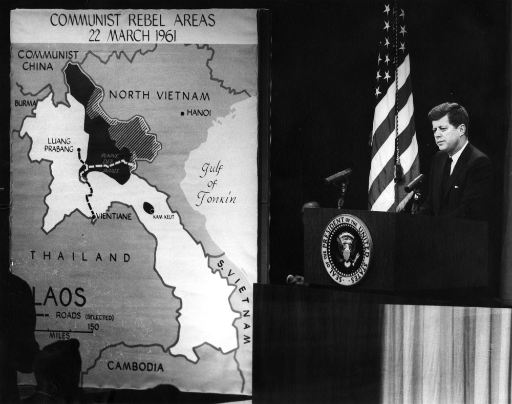 President Kennedy addresses a news conference in March 1961, about two months after his inauguration. When Kennedy took office, the Communist-backed Pathet Lao insurgents were about to take over Laos. In 1962, the Geneva Conference agreed to a declaration on the neutrality of Laos under a coalition government, but the Indochinese Communist Party used land it seized in Laos to build part of the Ho Chi Minh Trail. The trail would become a major conduit for Communist supplies and support, ensuring that Laos would remain a battlefront throughout the war. (National Archives/JFK Presidential Library and Museum)