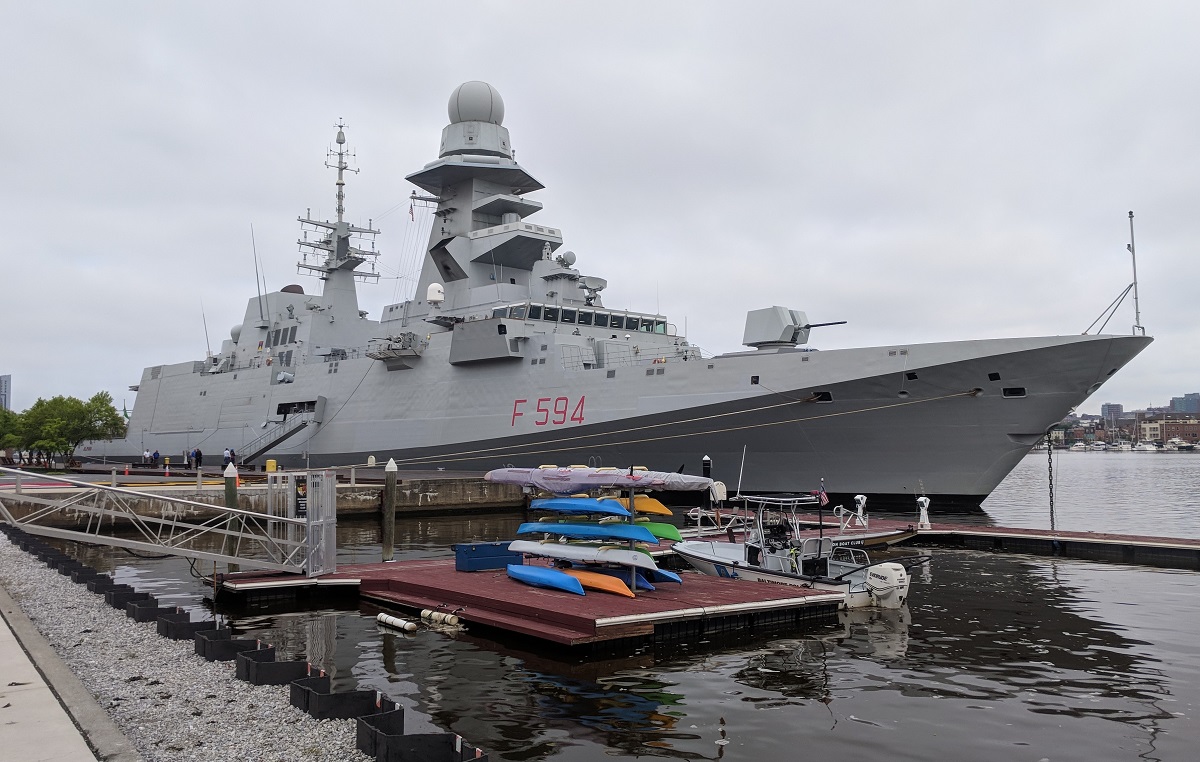 The Italian Navy’s anti-submarine warfare FREMM Alpino took a tour of the U.S. East Coast, shown here pierside in Baltimore, Md. The Fincantieri-built warship is a contender for the U.S. Navy’s next-generation frigate, the FFG(X). (David B. Larter/Staff)